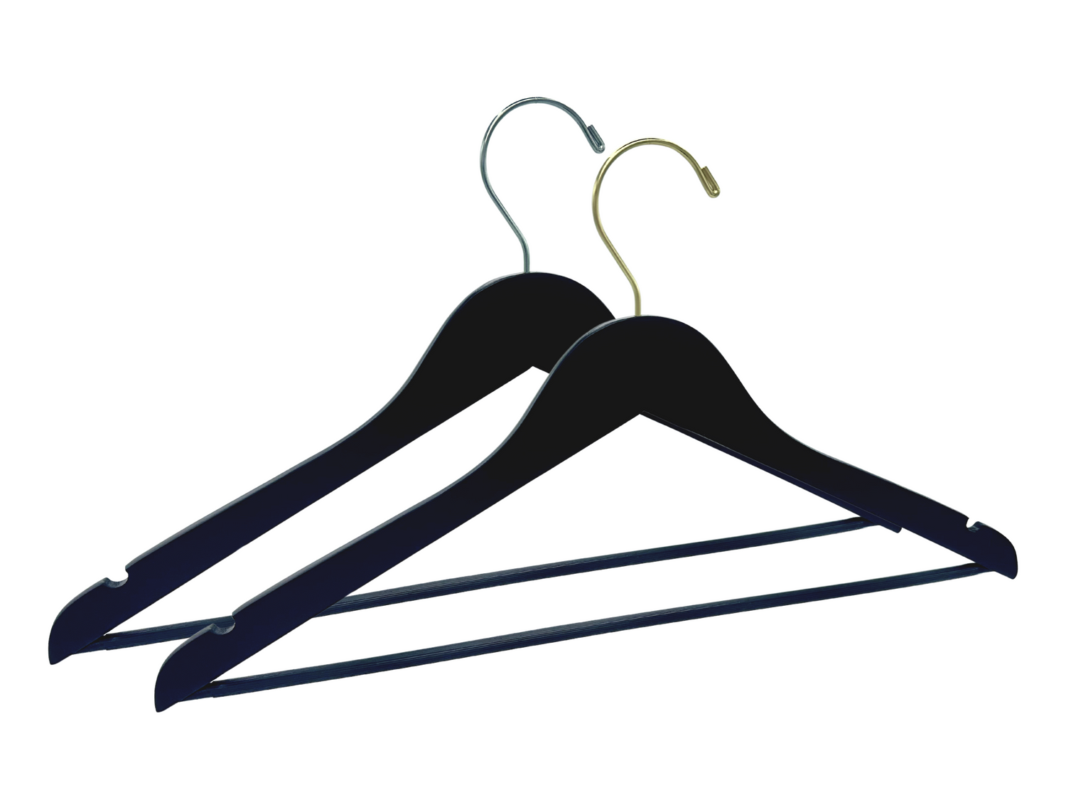 Matte Black Slim Space Saving Wooden Adult Suit Hangers with a gold hook and a silver hook for residential closets and retail stores