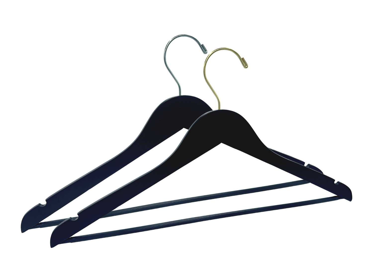 Matte Black Thin Space Saving Wooden Adult Suit Hangers with a silver hook and a gold hook for residential closets and retail stores