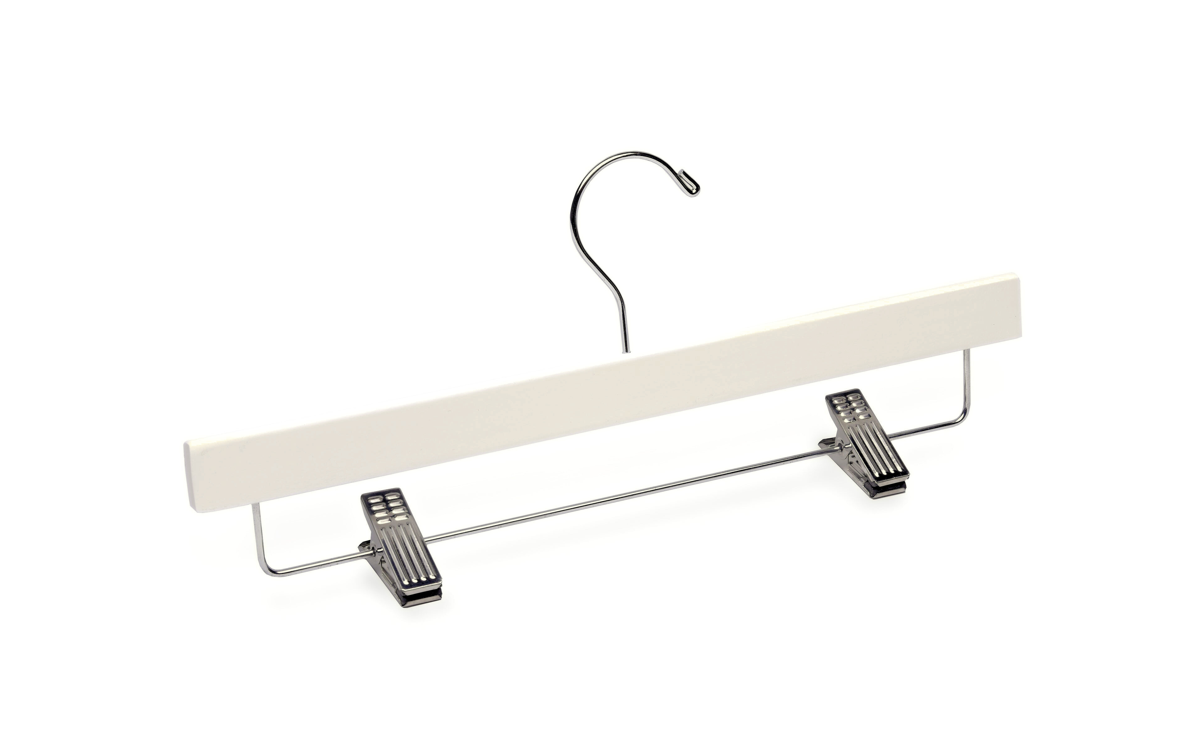 Ivory Wooden Pants Hanger with silver hardware and non-slip cushion clips for home closets and retail spaces