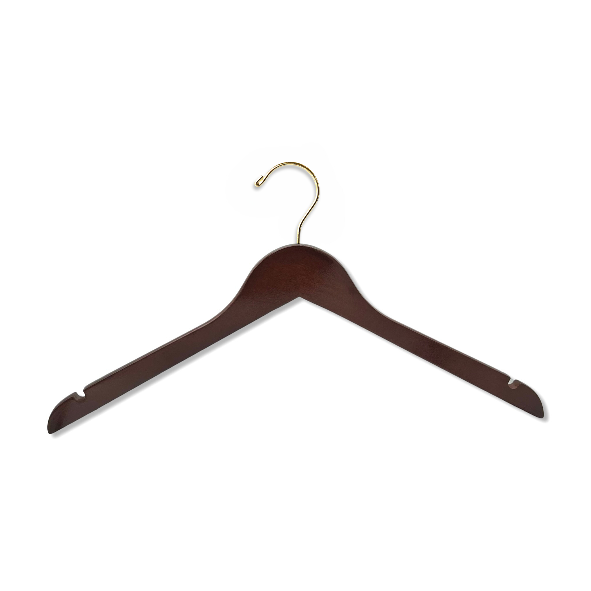 Dark Walnut Wooden Adult Top Hanger with shoulder notches and a gold hook for custom hanger designers