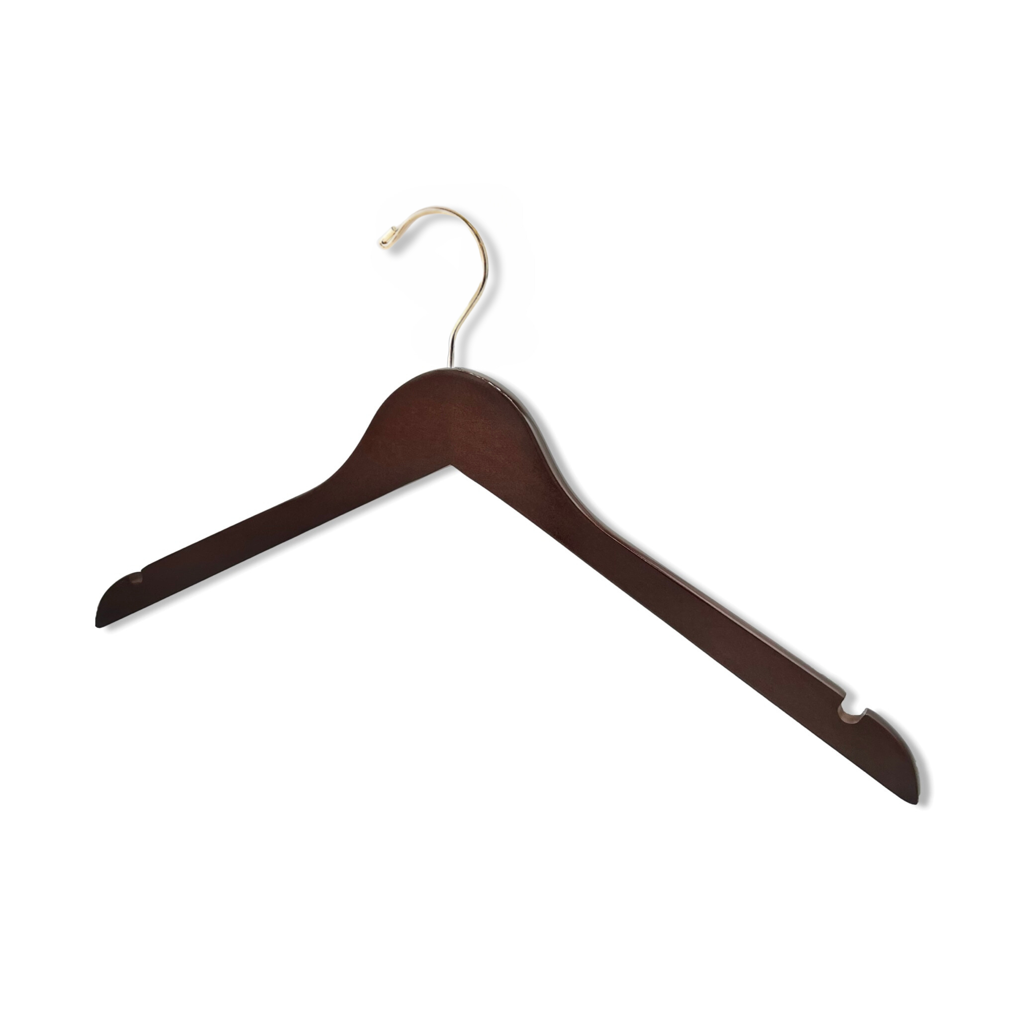High Quality Dark Walnut Wood Top Hanger with shoulder notches and a gold hook for closets and stores