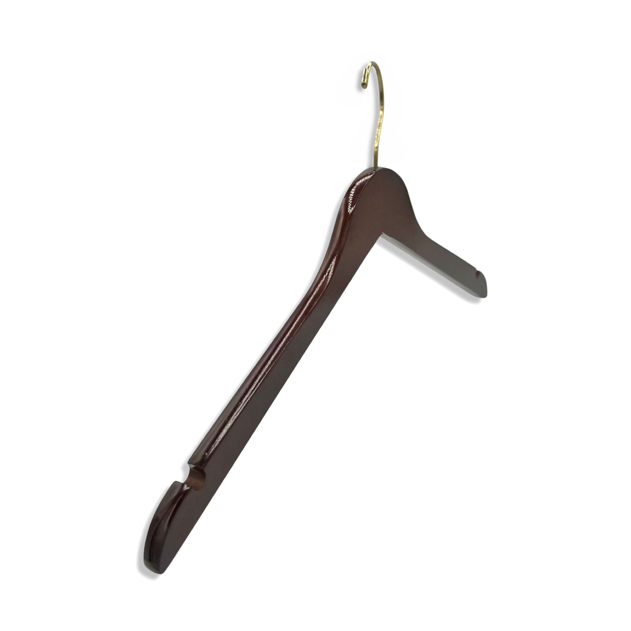 A Royal Hangers Dark Walnut Wooden Clothes Hanger for adults with a gold hook standing upright and facing forward
