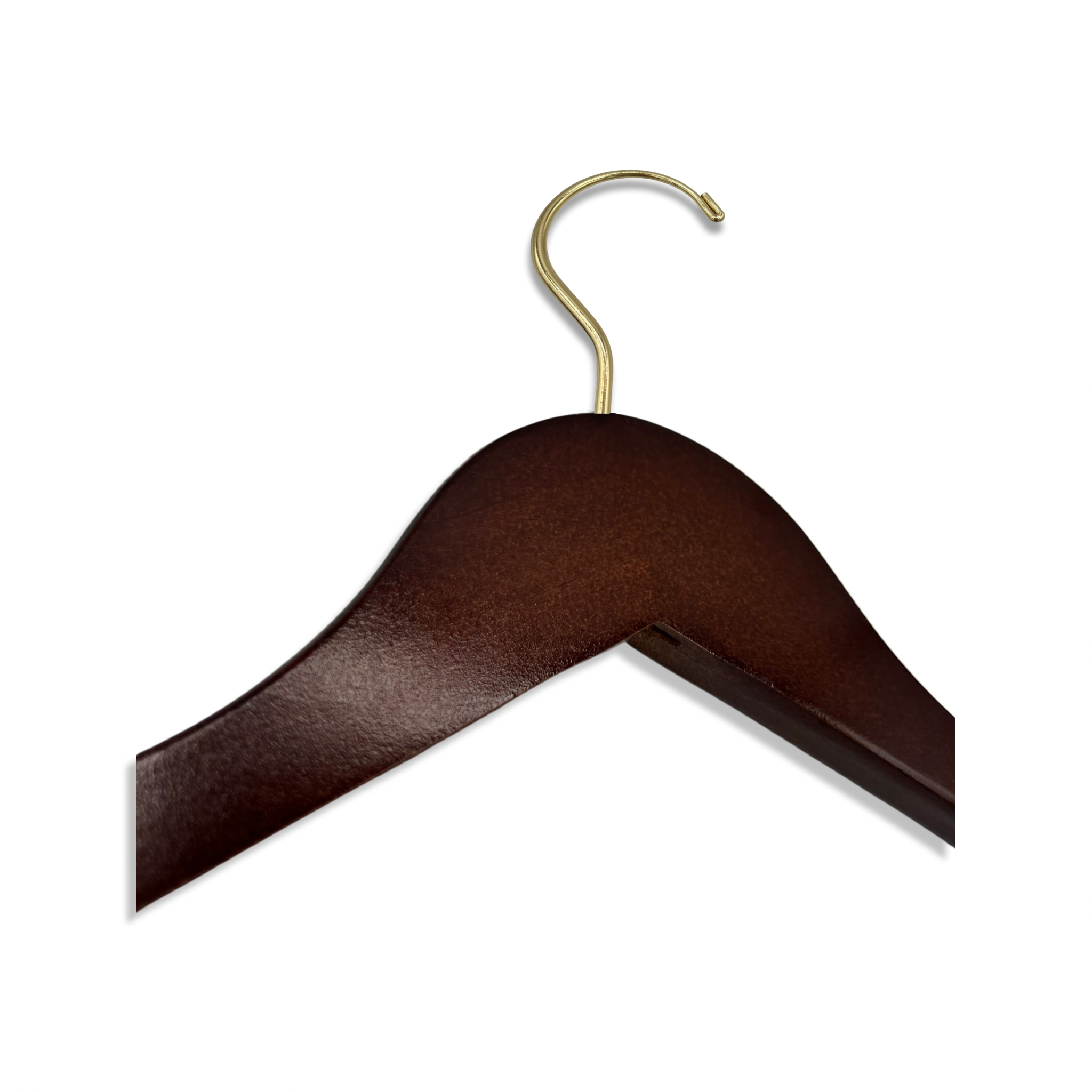 Dark Walnut Wooden Clothes Hanger lying down with a gold hook facing to the right