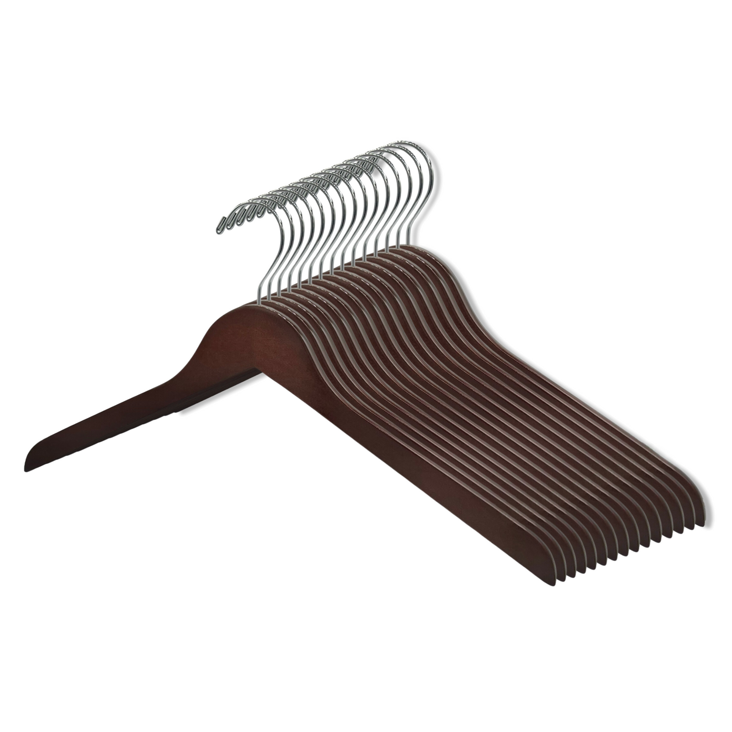 Multiple stacked Dark Walnut Wood Hangers with silver hooks and no notches for residential closets and retail stores