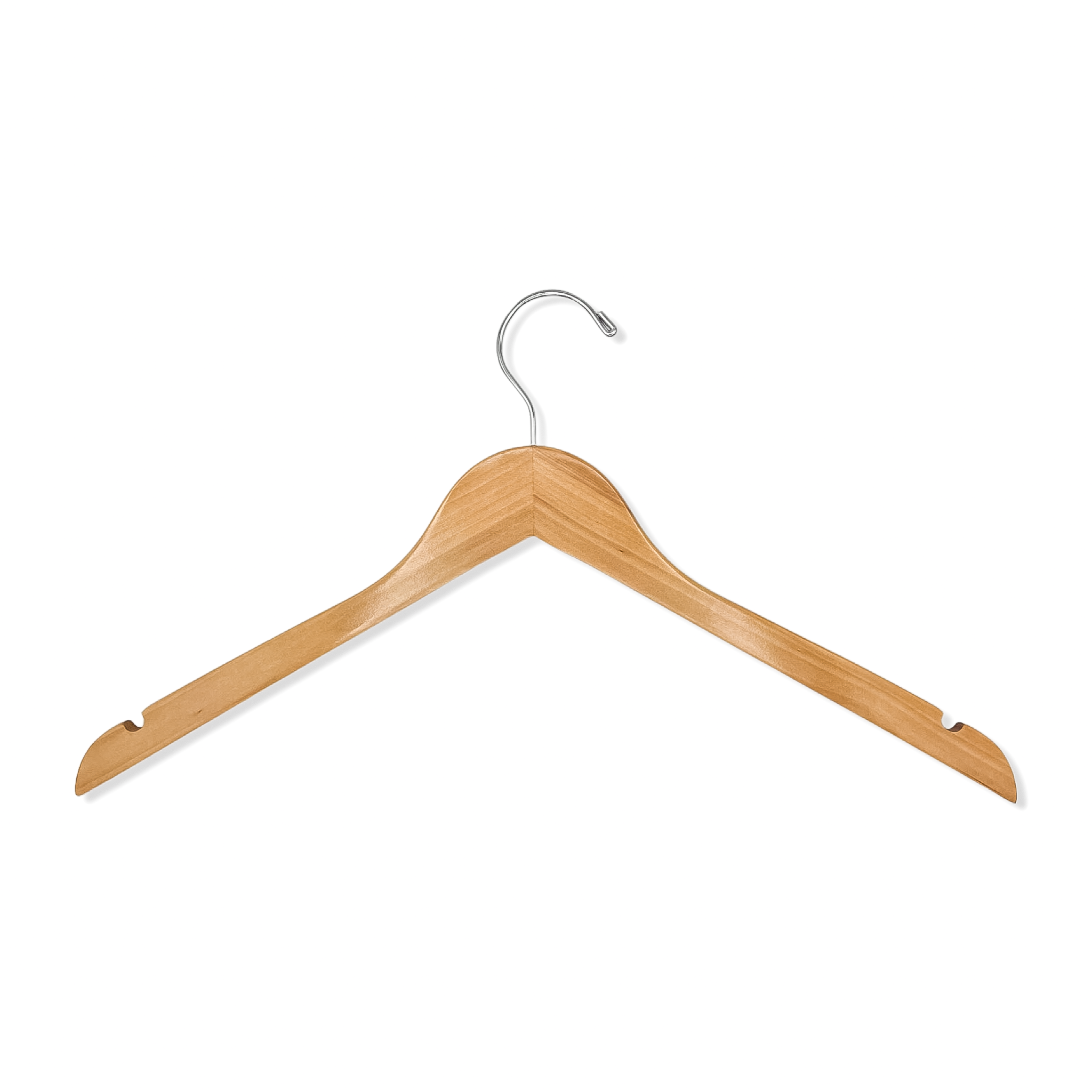 A Royal Hangers Natural Wooden Adult Top Hanger with shoulder notches and a silver hook for custom bridal hanger designers