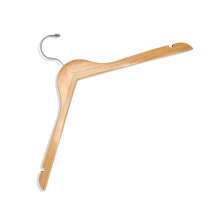Natural Wooden Clothes Hanger with a silver hook and shoulder notches for luxury closets and stores