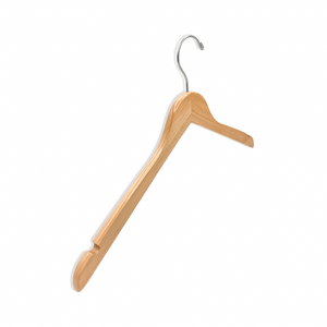 A Royal Hangers Natural Wooden Clothes Hanger for adults with a silver hook standing up and facing away towards the right