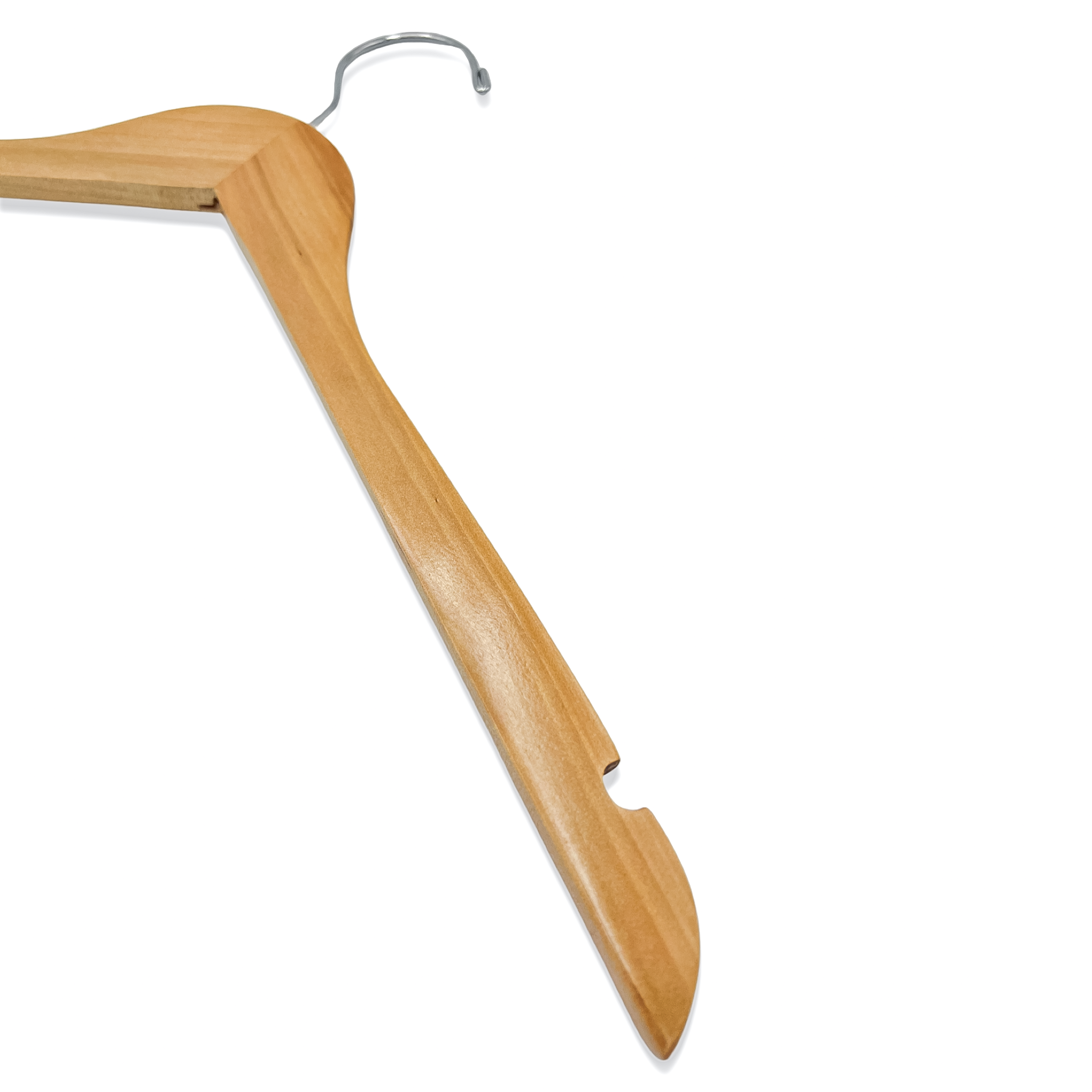 The arm of a Natural Solid Maple Wood Clothes Hanger with a shoulder notch lying down