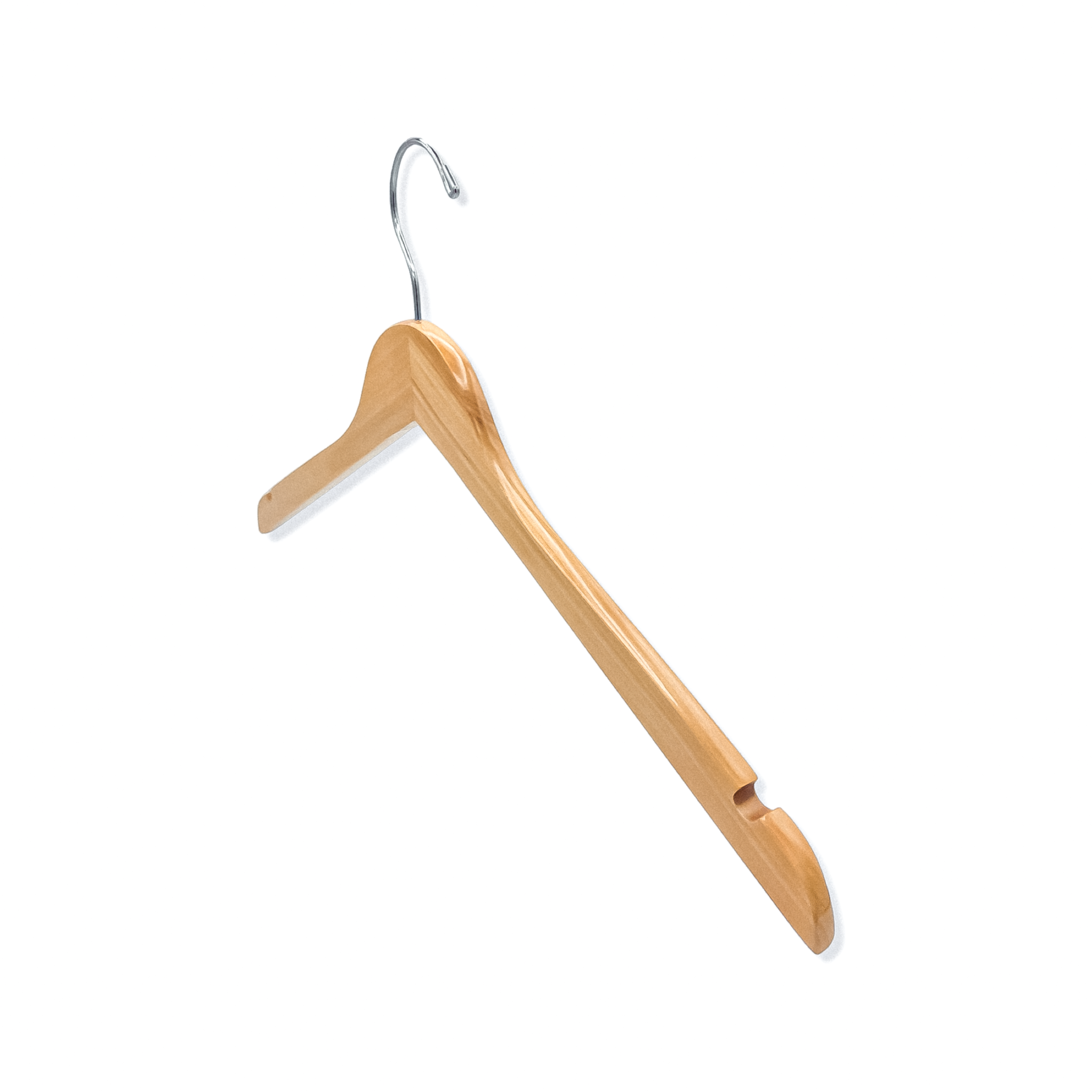 Natural Maple Wood Clothes Hanger for adults with a silver hook and shoulder notches standing up and facing forward