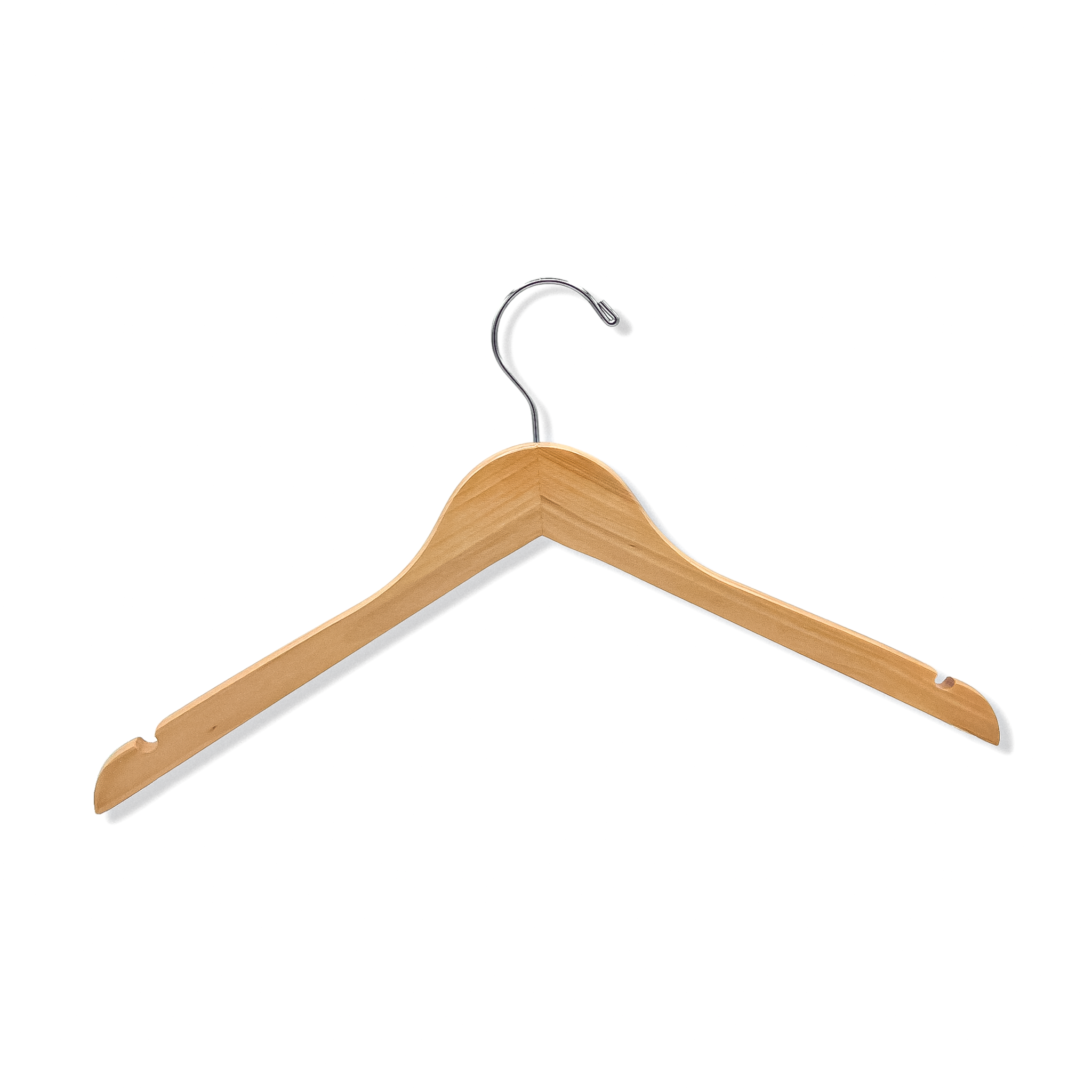 A Natural Maple Wooden Adult Top Hanger with shoulder notches and a silver hook for residential homes and retail spaces