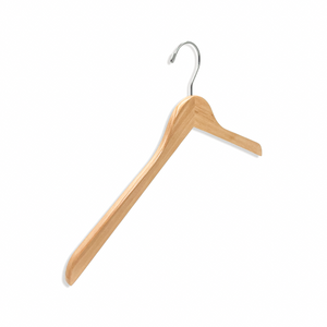 Standard Grade Natural Wood Top Hanger with a silver hook and no shoulder notches for adult’s clothing