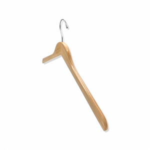 Natural Wooden Adult Clothes Hanger with a silver hook and no shoulder notches for luxury closets and stores