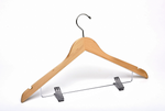 Load image into Gallery viewer, Natural Wooden Combination Hanger with a silver hook, bar, and cushion clips for residential closets and retail stores
