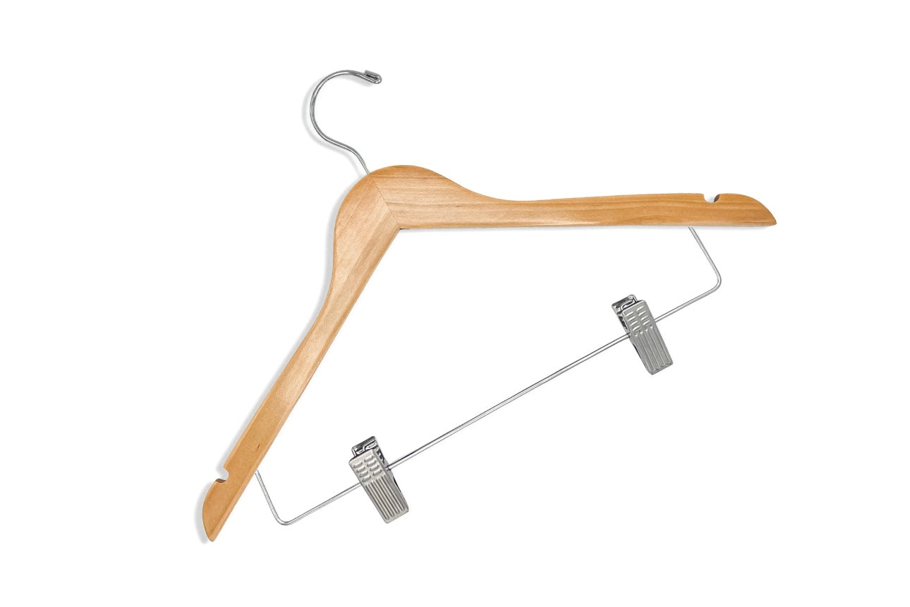 Customizable Natural Wooden Combination Hanger with silver anti-stain, anti-slip, adjustable cushion clips for adults