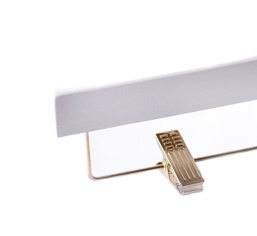 White Wooden Bottom Hanger’s solid select wood and gold anti-stain, anti-slip, adjustable cushion clips for pants
