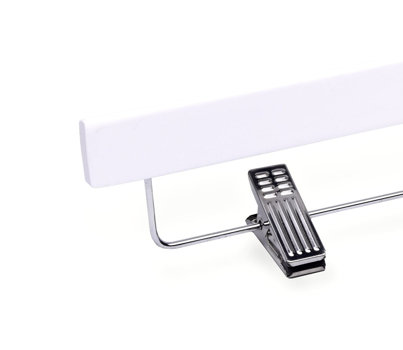 White Wooden Bottom Hanger’s solid select wood and silver anti-stain, anti-slip, adjustable cushion clips for pants