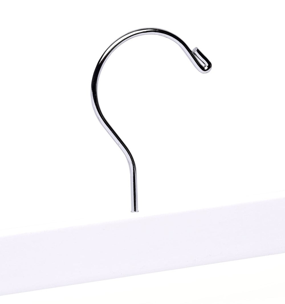Top of a high quality Stark White Wooden Bottom Hanger for adults with a silver hook facing to the right