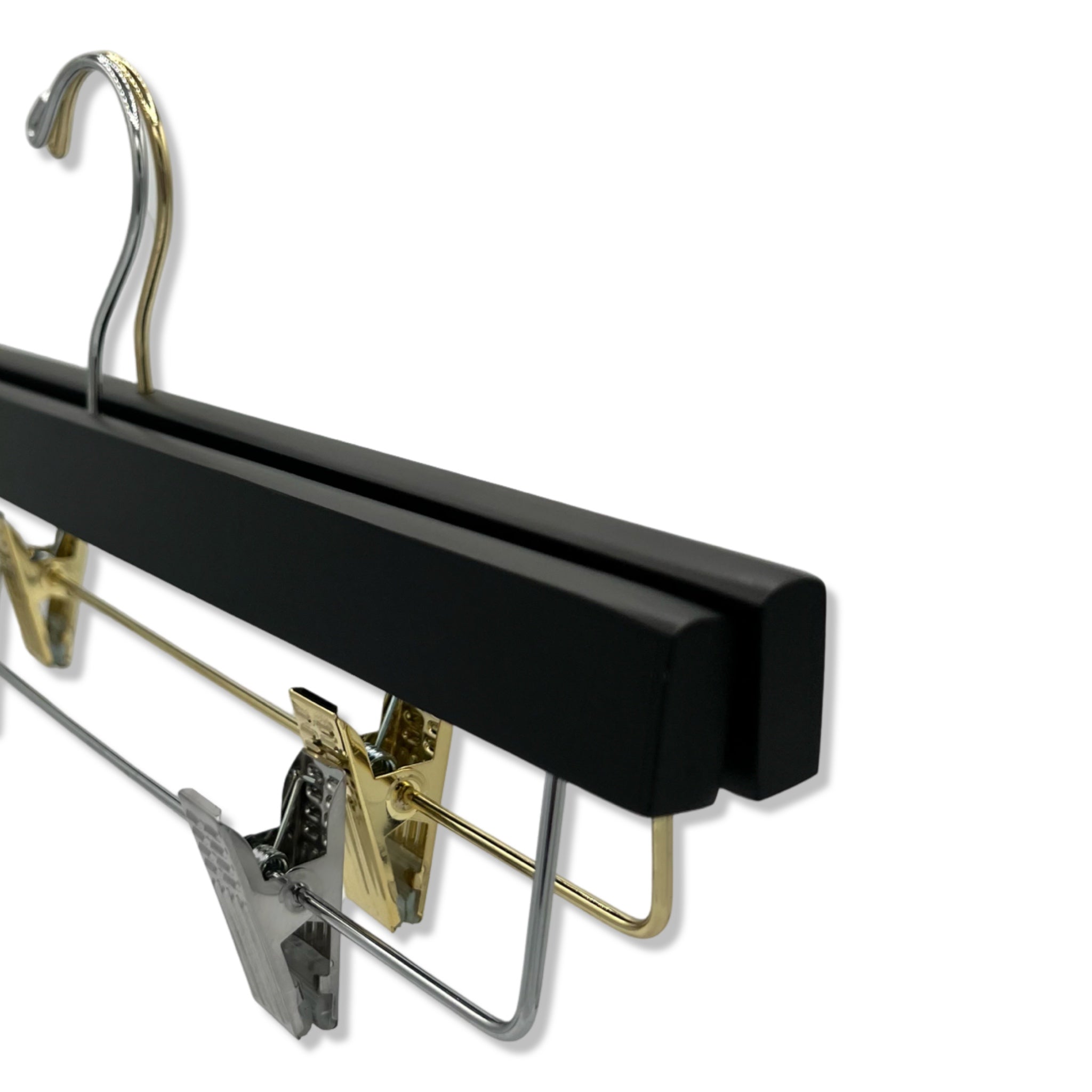 Two Matte Black Wooden Bottom Hangers with silver and gold hardware for custom hanger designers