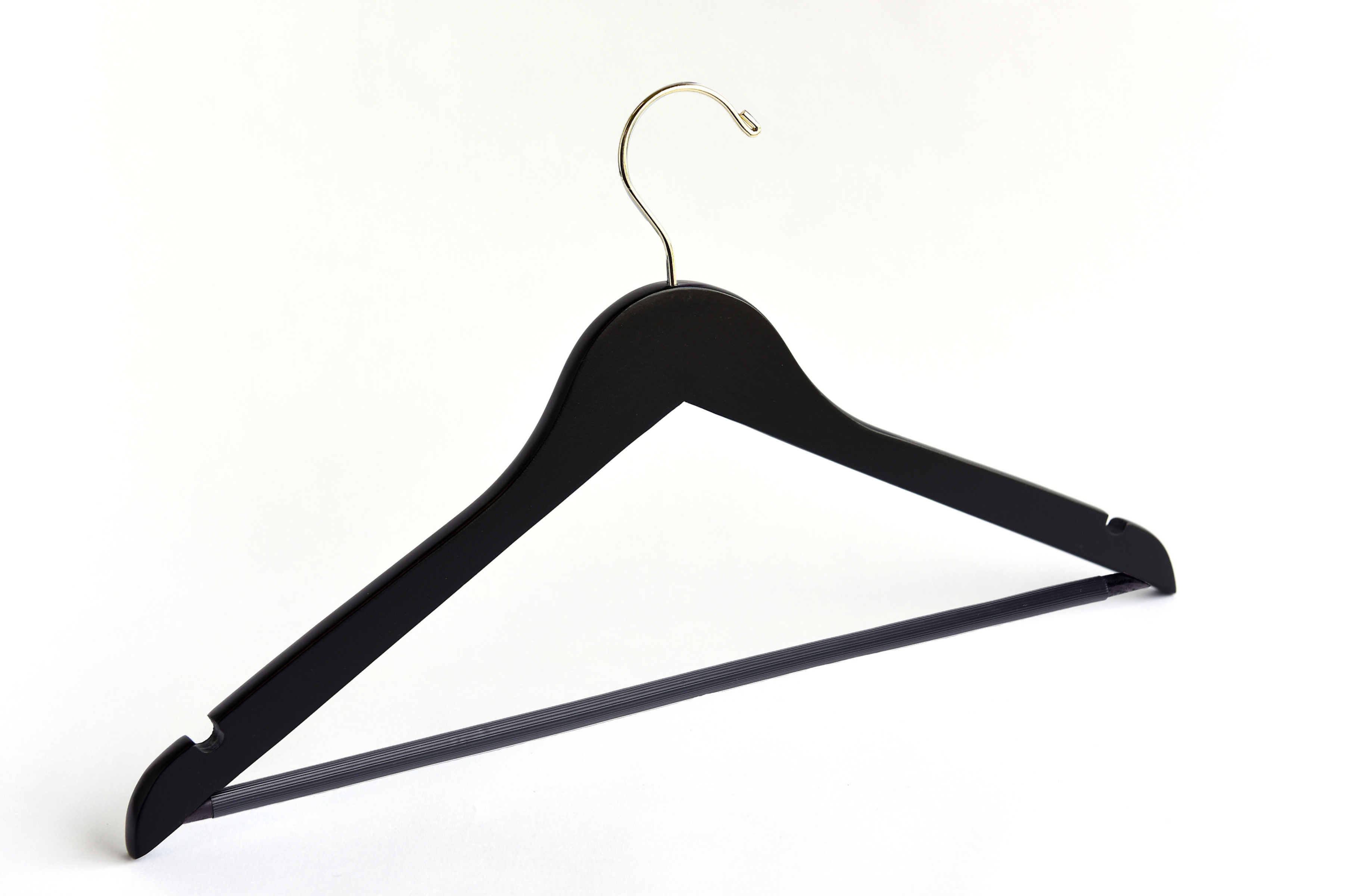 Matte Black Wooden Flat Suit Hanger with a gold hook, shoulder notches, and pant bar for custom bridal hanger designers