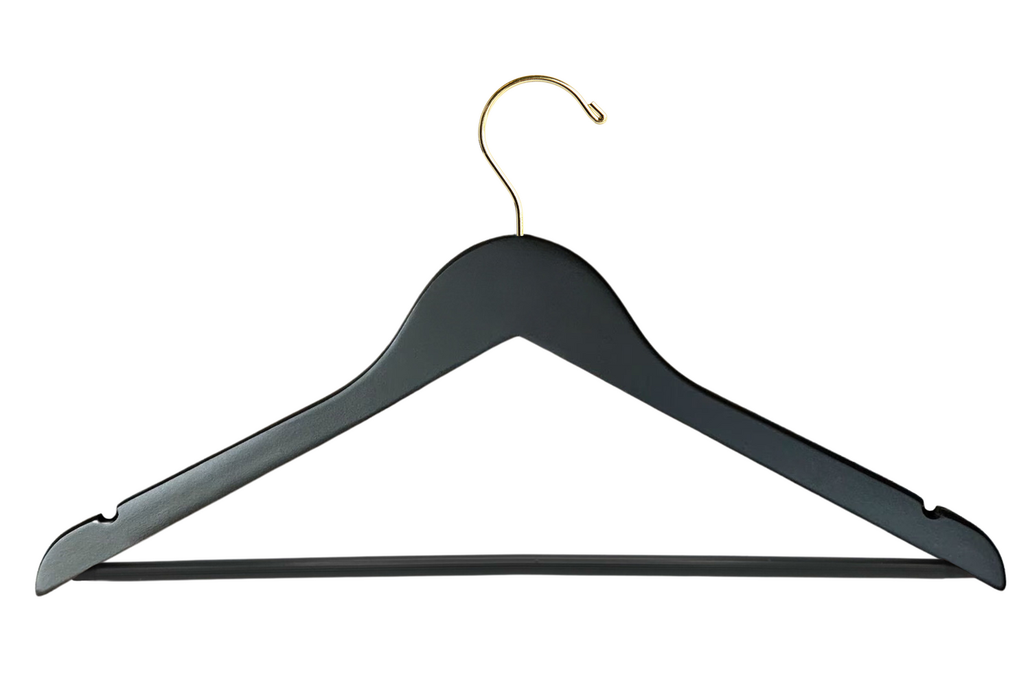 Customizable Matte Black Wood Suit Hanger with a gold hook, shoulder notches, and non-slip pant bar for closets and stores
