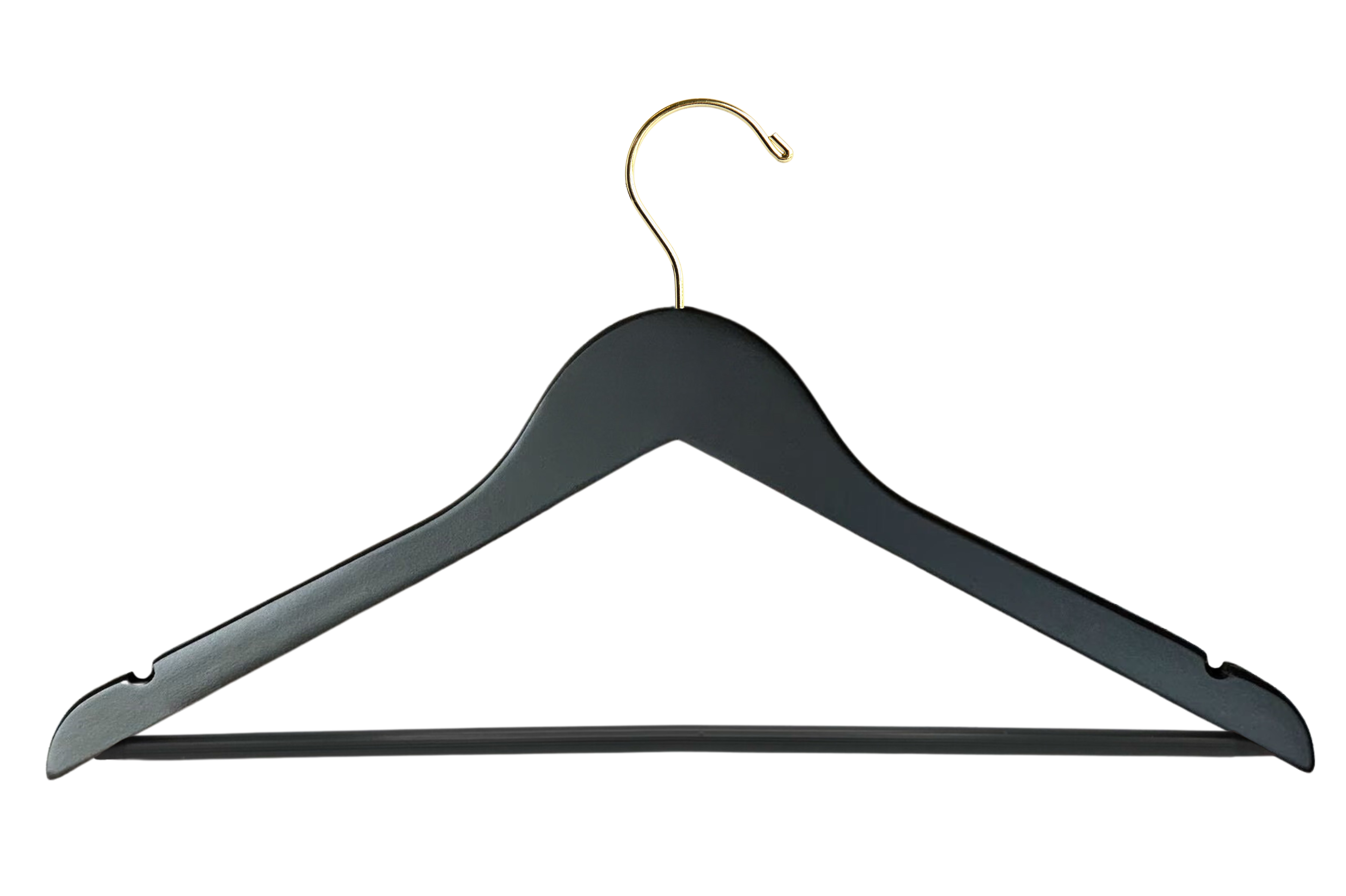 Customizable Matte Black Wood Suit Hanger with a gold hook, shoulder notches, and non-slip pant bar for closets and stores