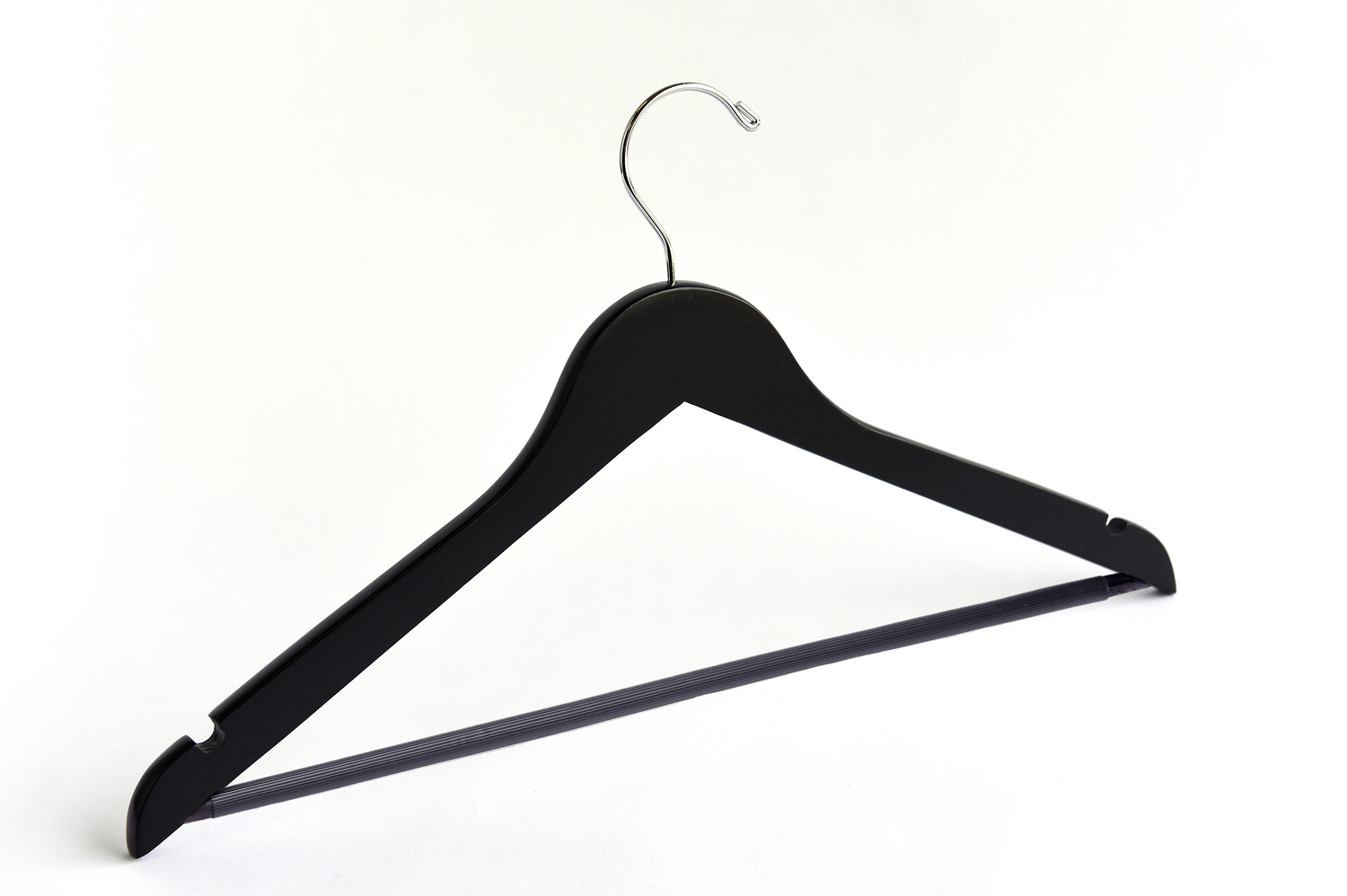 Matte Black Wooden Flat Suit Hanger with a silver hook, shoulder notches, and pant bar for custom bridal hanger designers