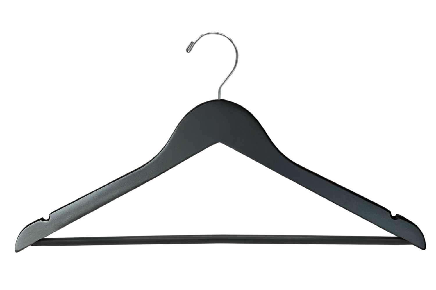 Customizable Matte Black Wood Suit Hanger with silver hook, shoulder notches, and non-slip pant bar for closets and stores