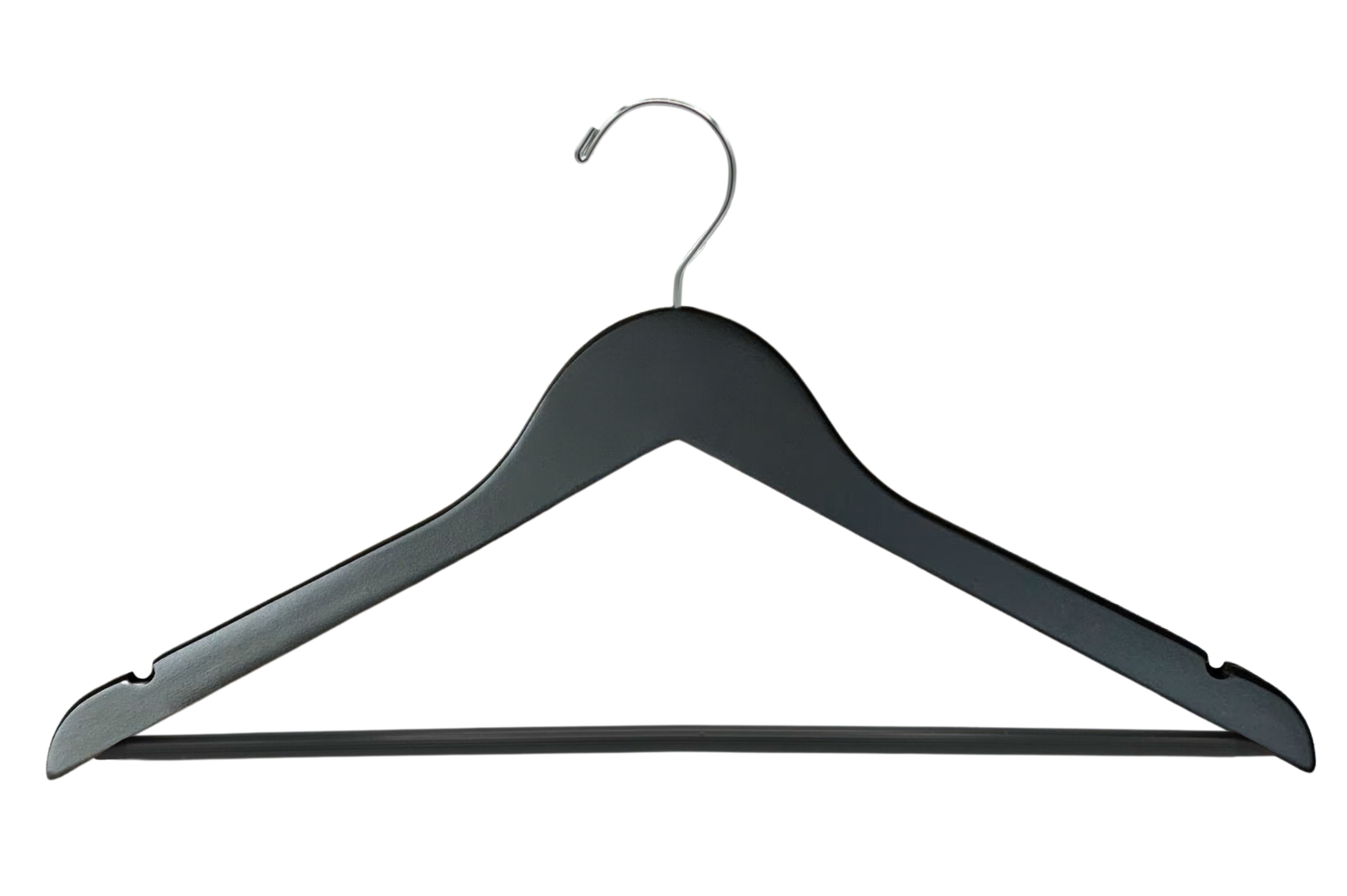 Customizable Matte Black Wood Suit Hanger with silver hook, shoulder notches, and non-slip pant bar for closets and stores