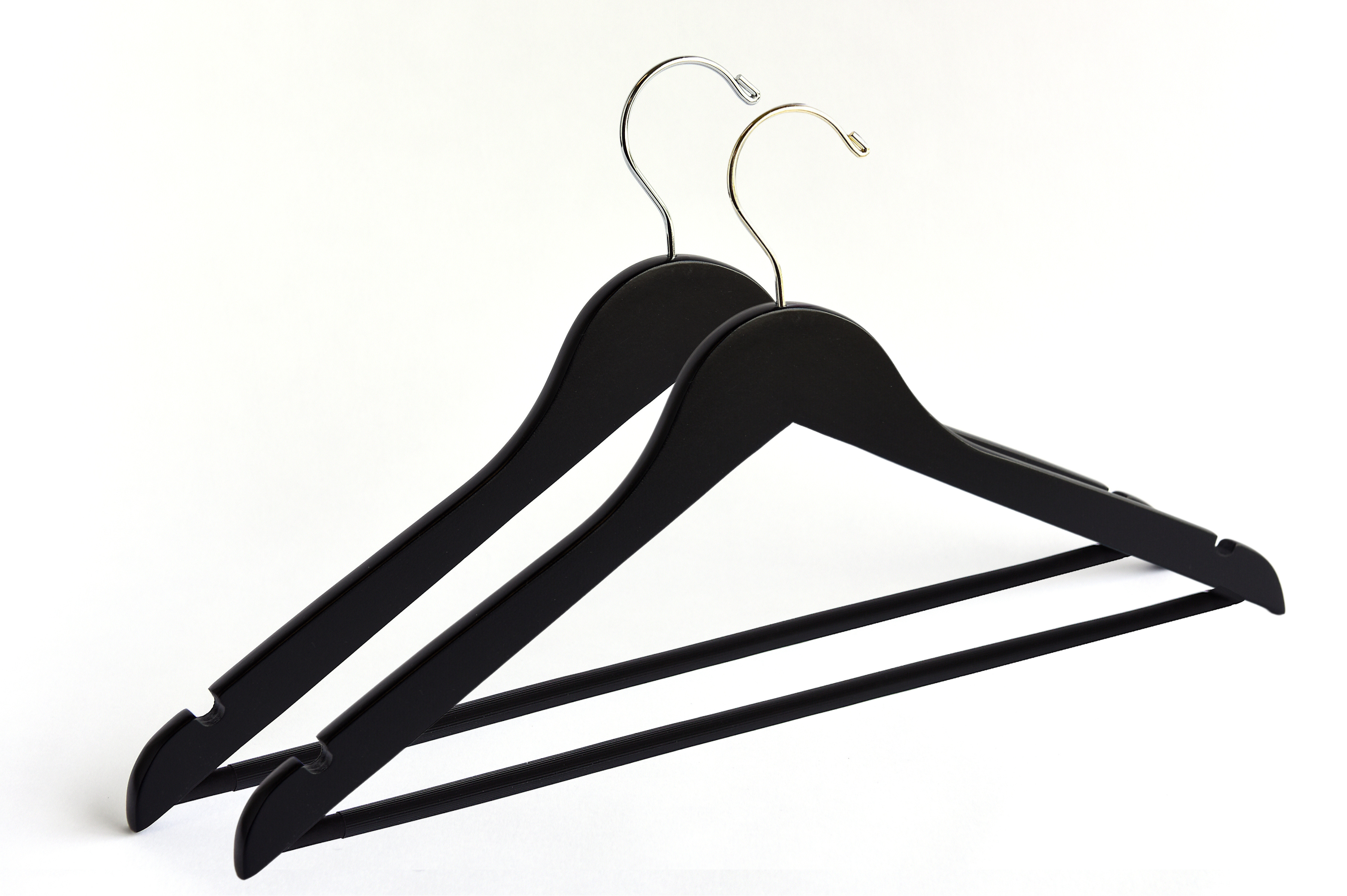 Two Matte Black Wooden Adult Suit Hangers with a gold hook and a silver hook for residential closets and retail stores