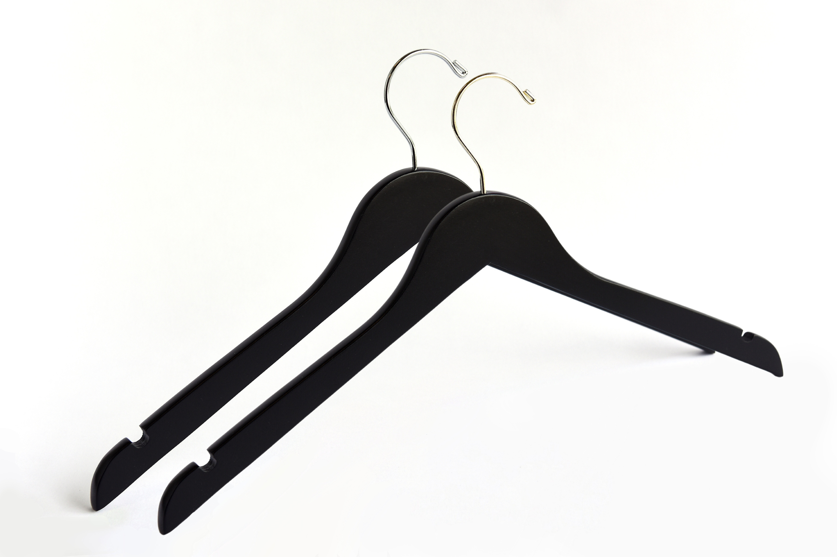 Two Matte Black Wooden Adult Clothes Hangers with a gold hook and a silver hook for residential closets and retail stores