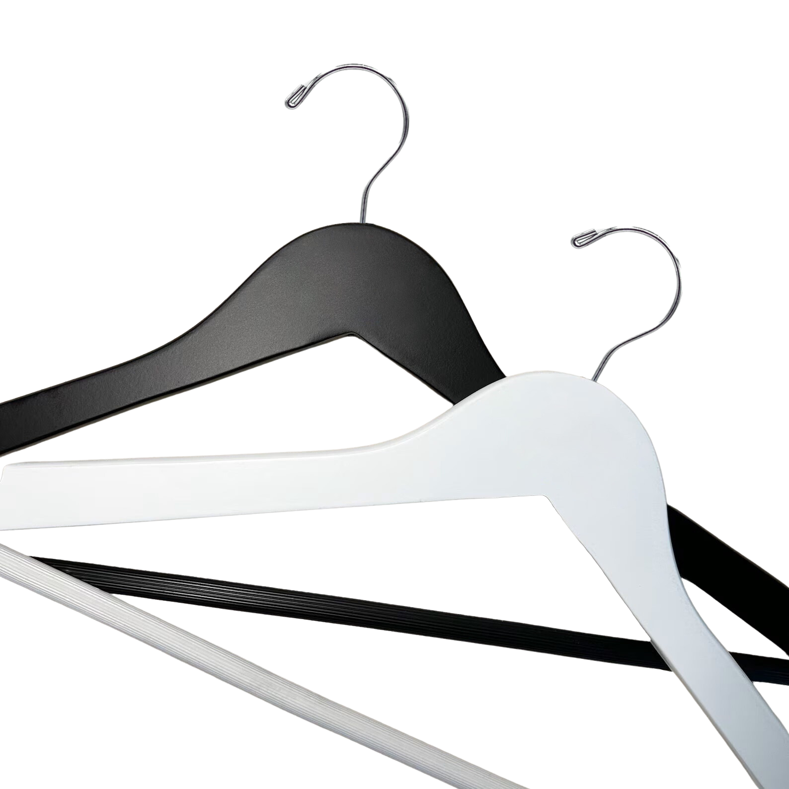 Royal Hangers White and Matte Black Wooden Flat Suit Hangers with silver hooks and anti-slip pants bar