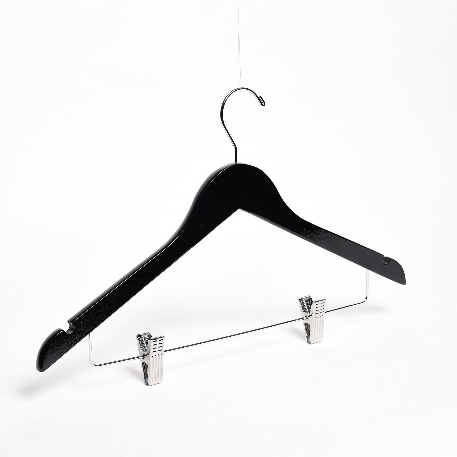 Glossy Black Wooden Combination Hanger with a silver hook, bar, and cushion clips for residential closets and retail stores
