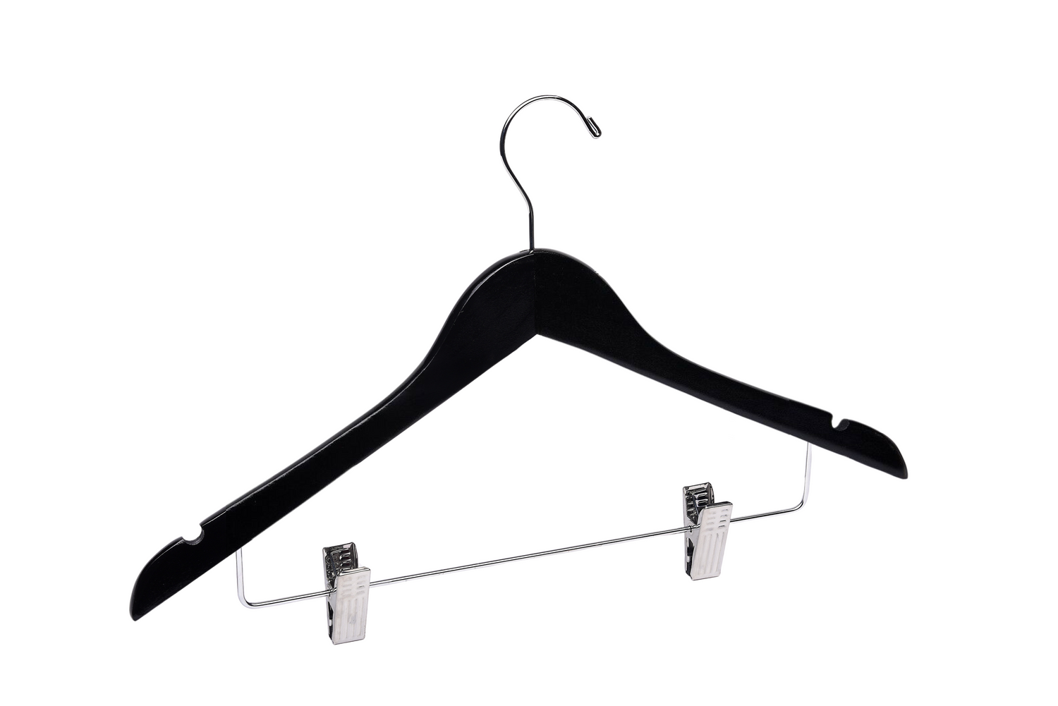 Customizable Glossy Black Wooden Combination Hanger with silver anti-stain, anti-slip, adjustable cushion clips for adults