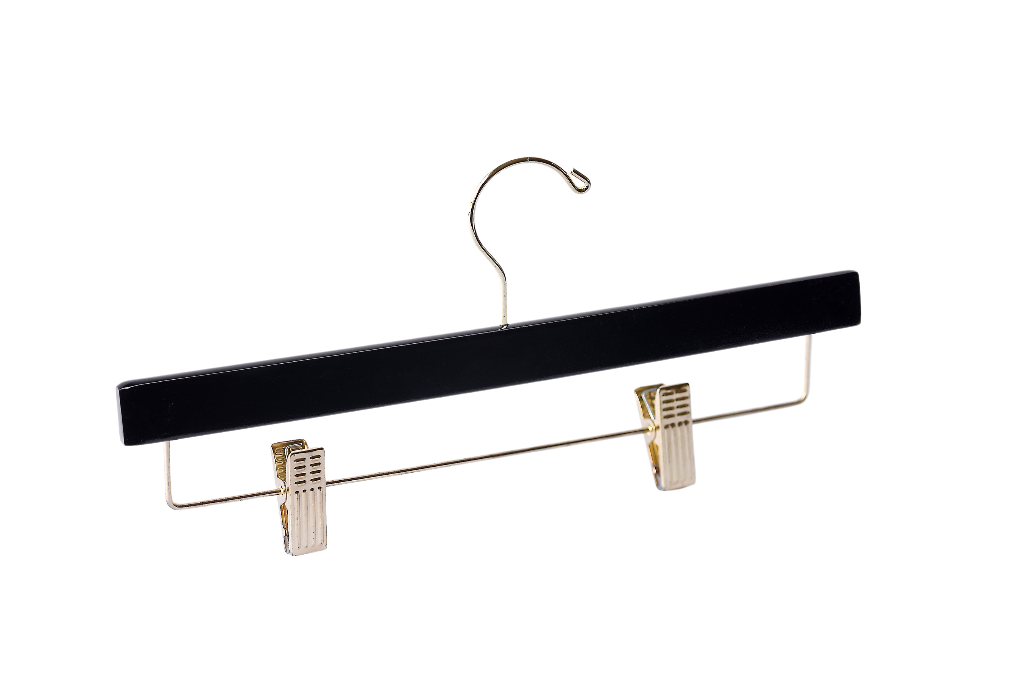 Matte Black Wooden Bottom Hanger with a gold hook and adjustable cushion clips for residential closets and retail stores
