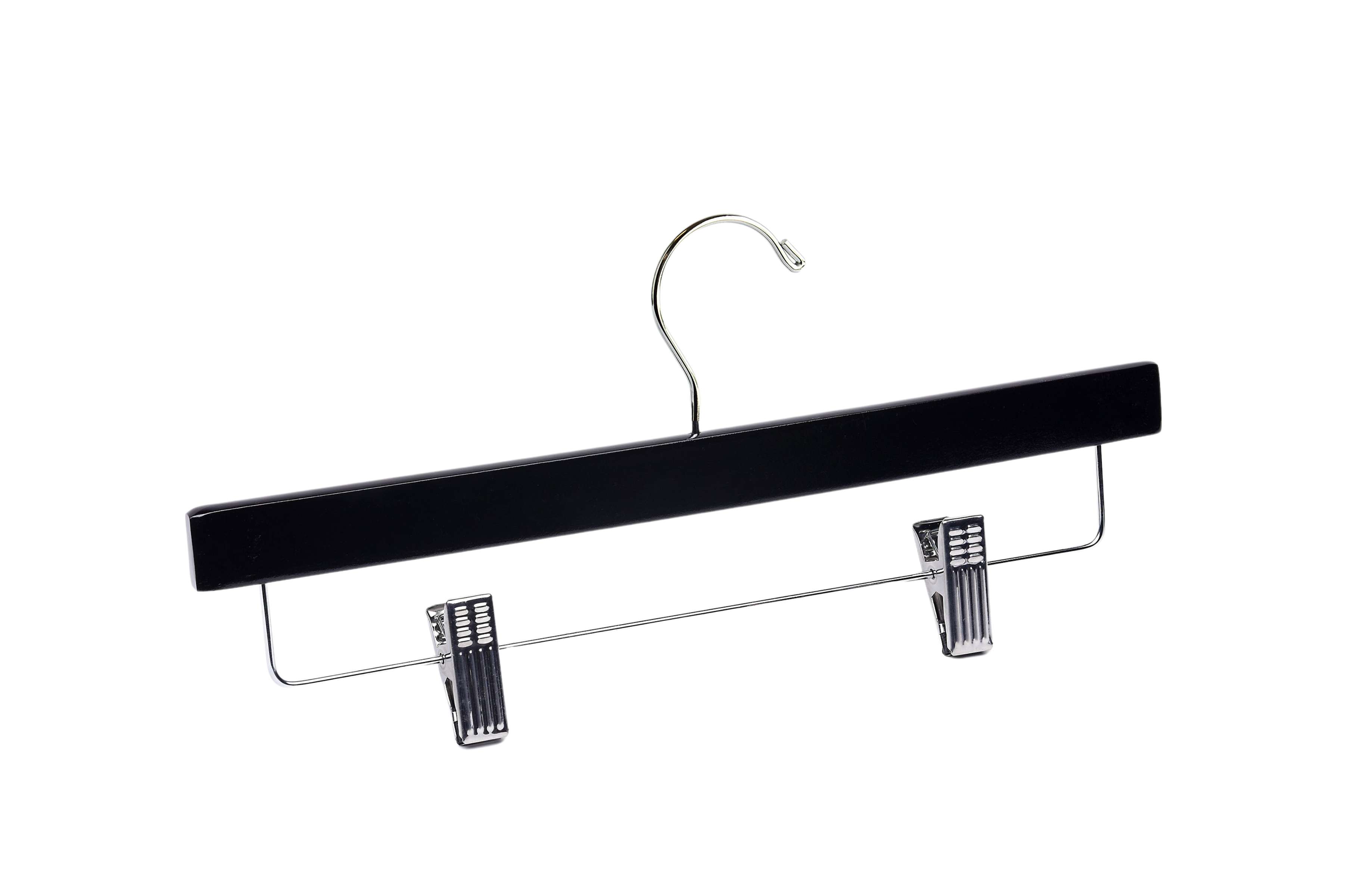 Matte Black Wooden Bottom Hanger with a silver hook and adjustable cushion clips for residential closets and retail stores