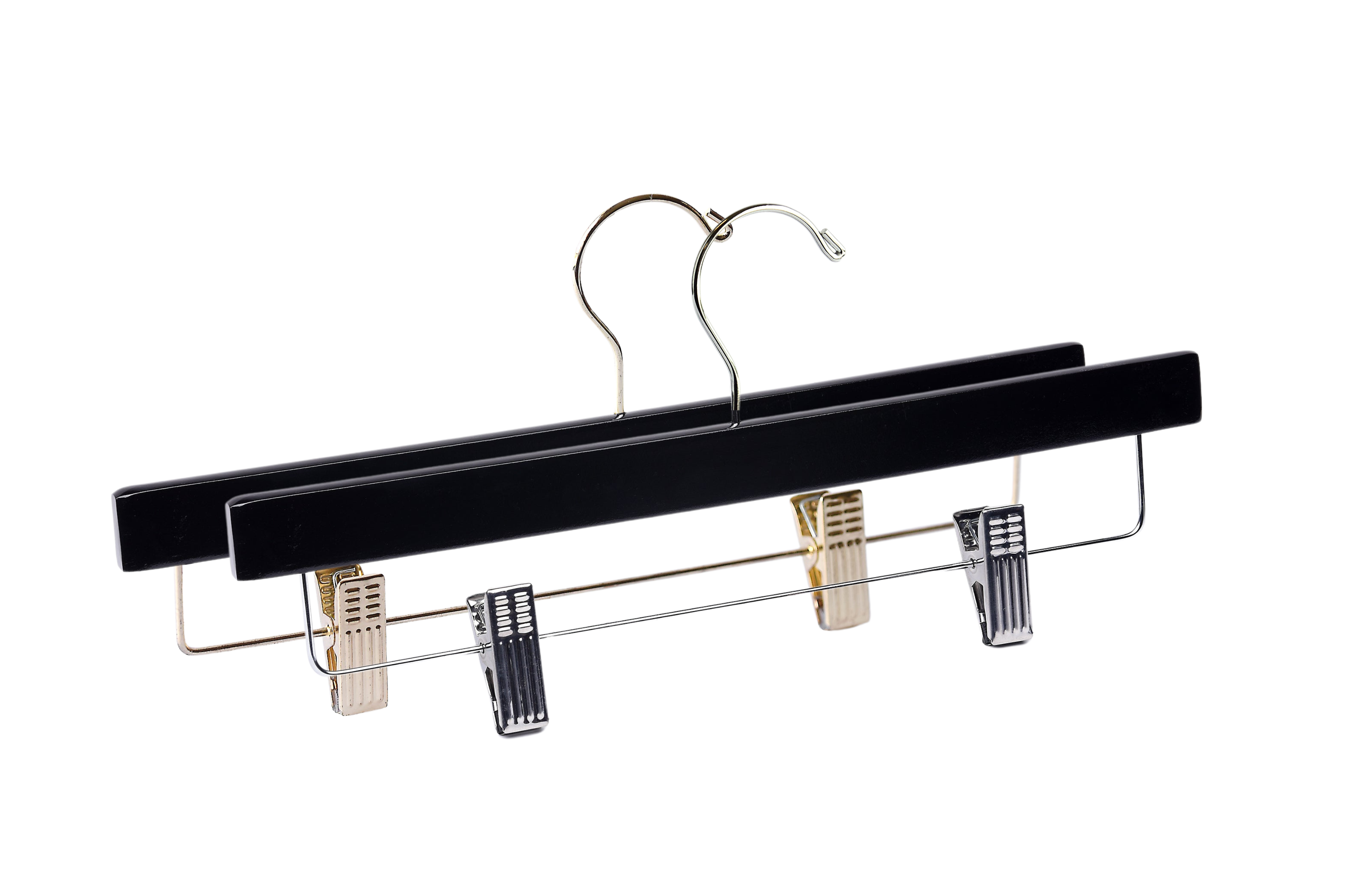 Two Matte Black Wood Bottom Hangers with a silver hook, a gold hook, and cushion clips for home closets and retail stores