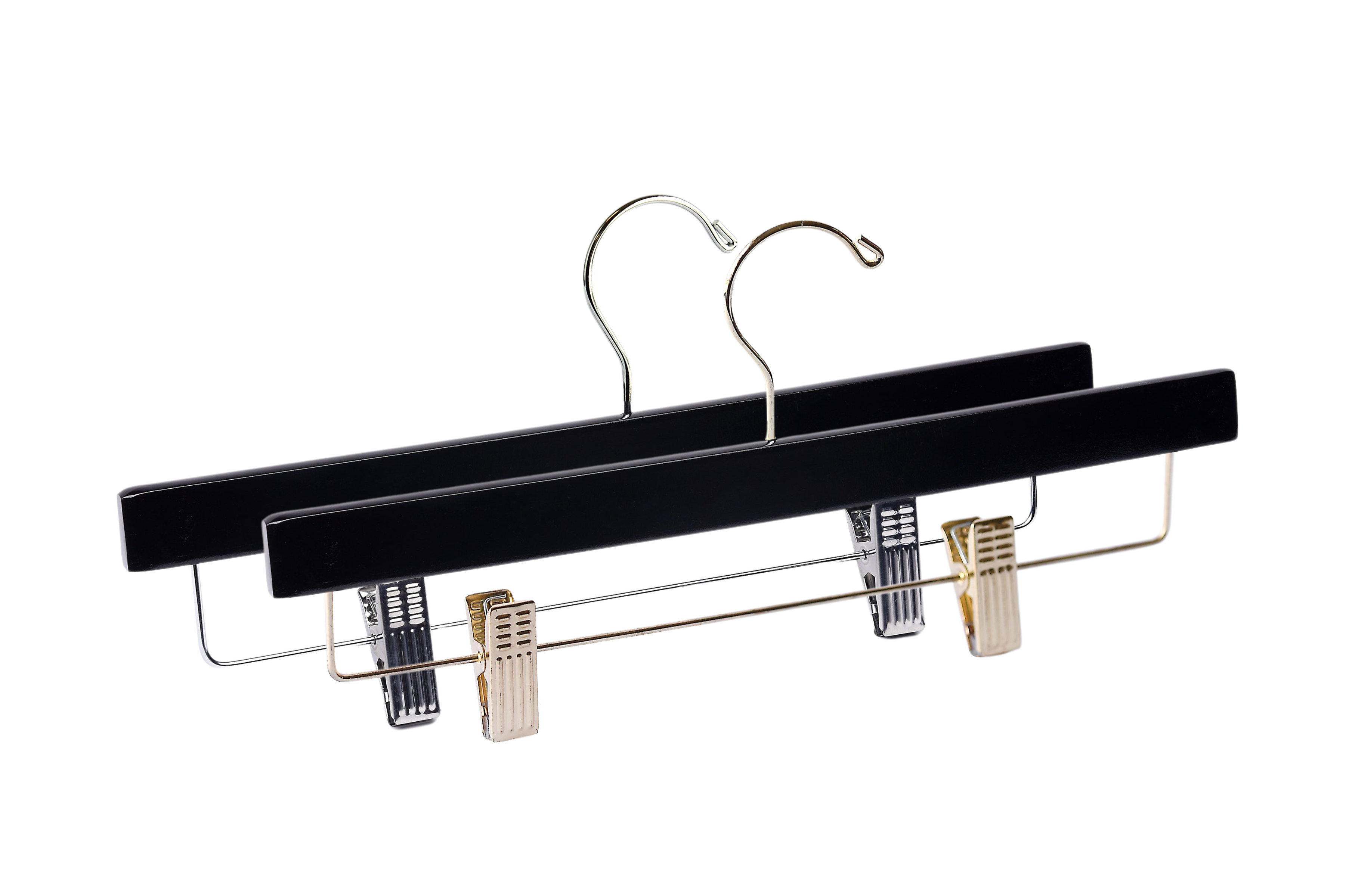 Two Matte Black Wood Bottom Hangers with a gold hook, a silver hook, and cushion clips for home closets and retail stores