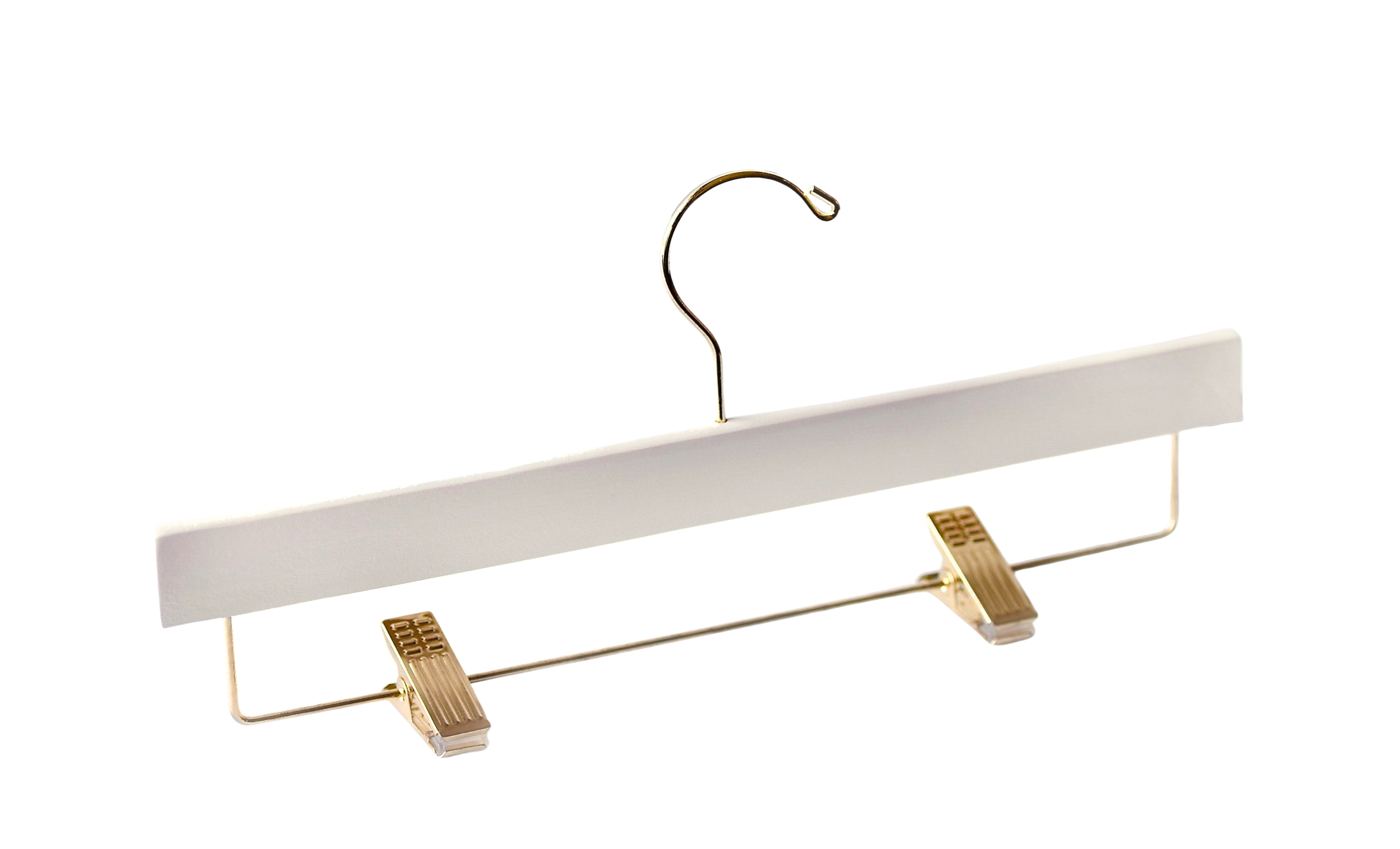 Ivory Wooden Pants Hanger with gold hardware and non-slip cushion clips for home closets and retail spaces