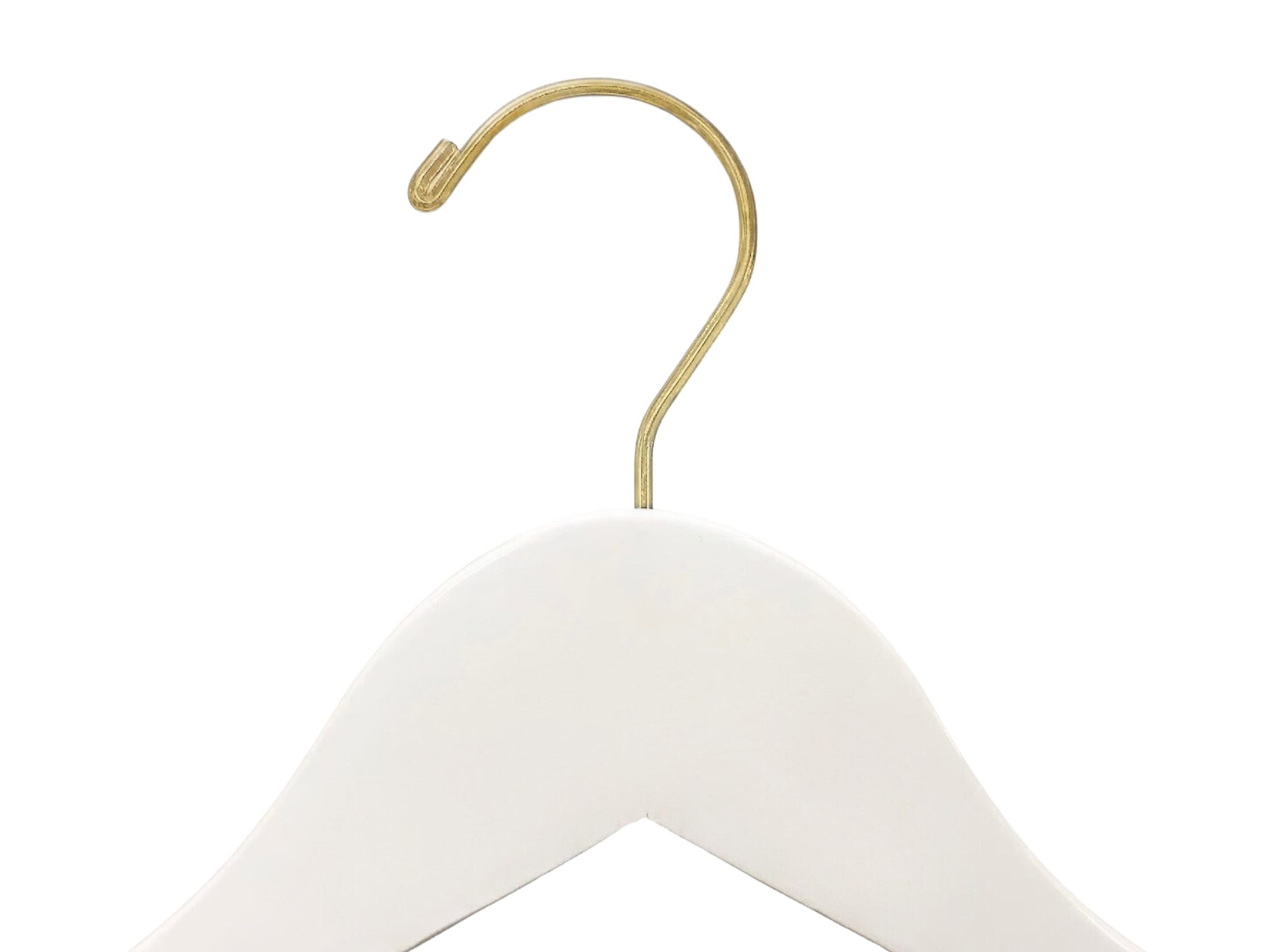 Top of Ivory Off White Wooden Clothes Hanger with a gold hook for residential homes and retail spaces