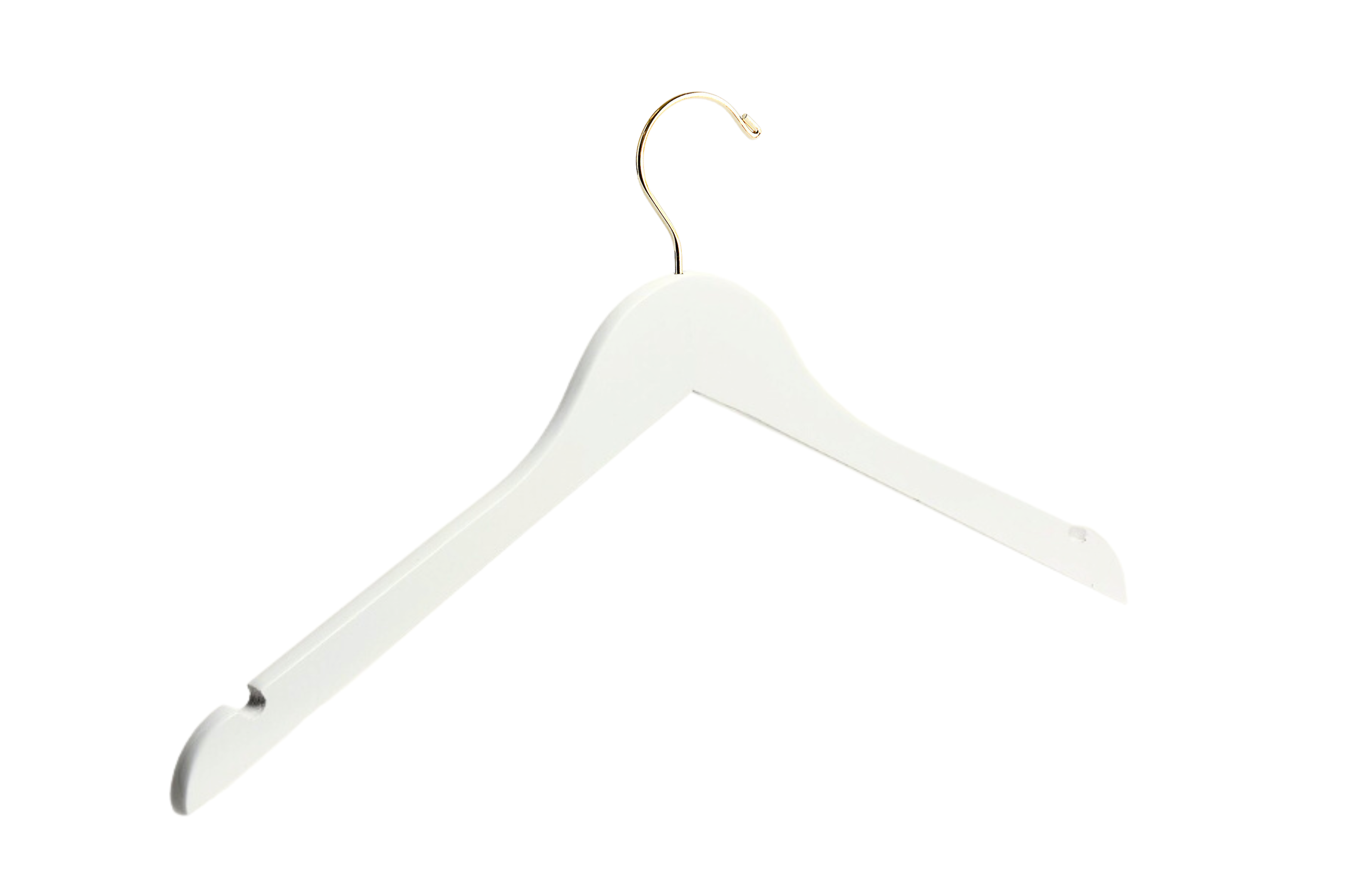Ivory Wooden Clothes Hanger with a gold hook and shoulder notches for custom bridal hanger designers
