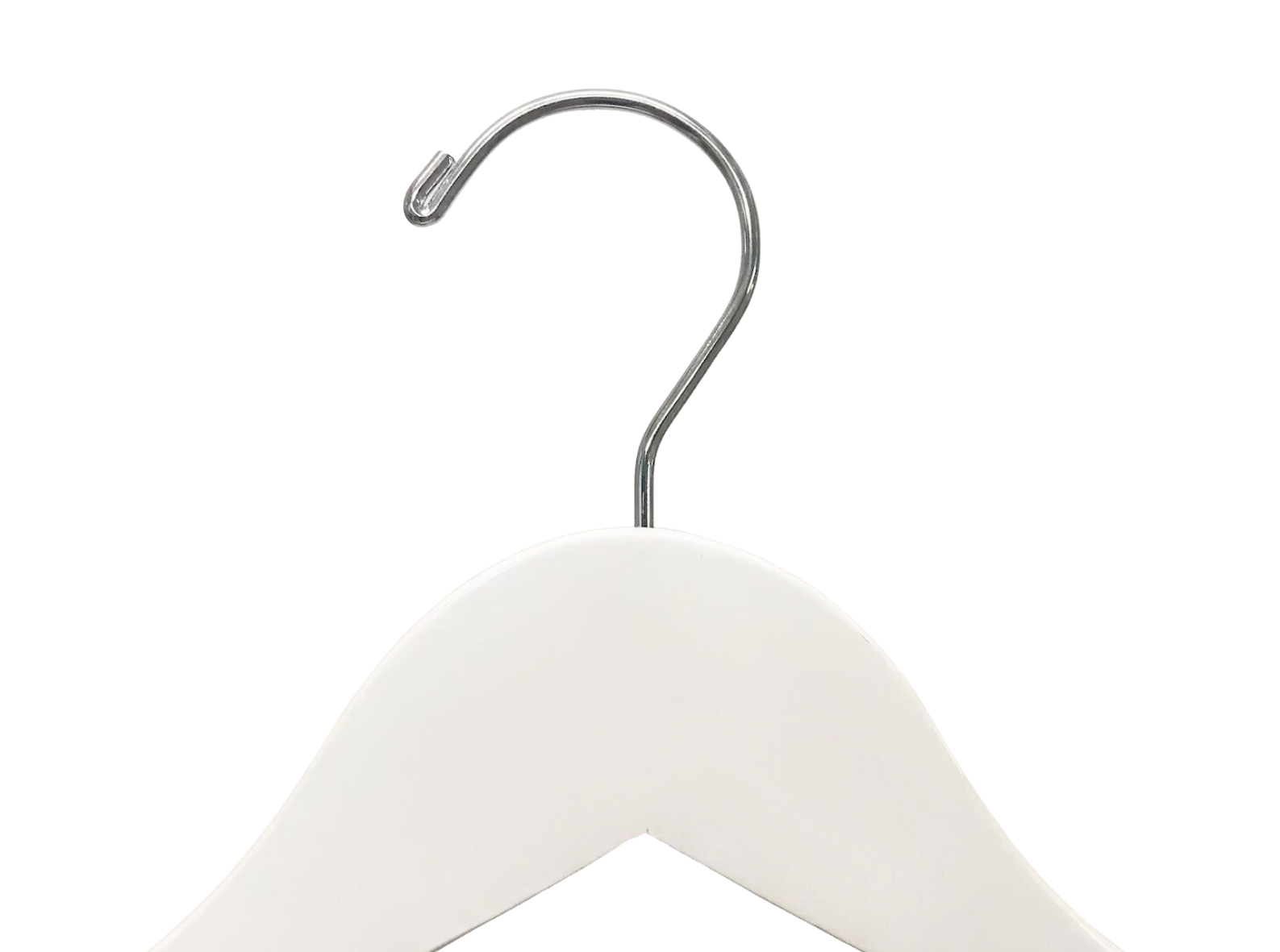 Top of Ivory Off White Wooden Clothes Hanger with a silver hook for residential homes and retail spaces