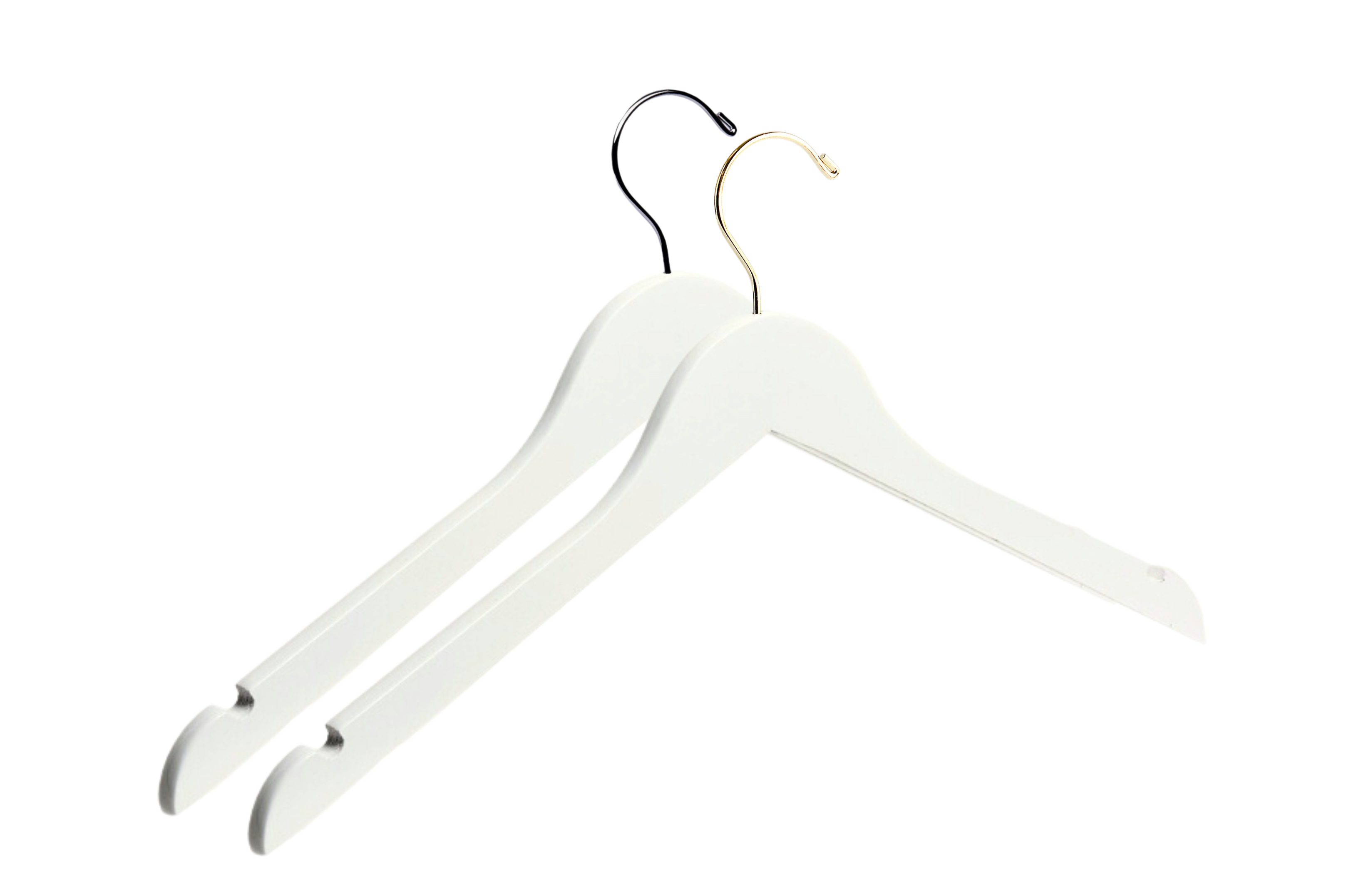 Two Ivory Wooden Adult Clothes Hangers with a silver hook and a gold hook for residential closets and retail stores