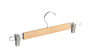 Natural Maple Wood Pants Hanger with silver hardware and non-slip side cushion clips for home closets and retail spaces