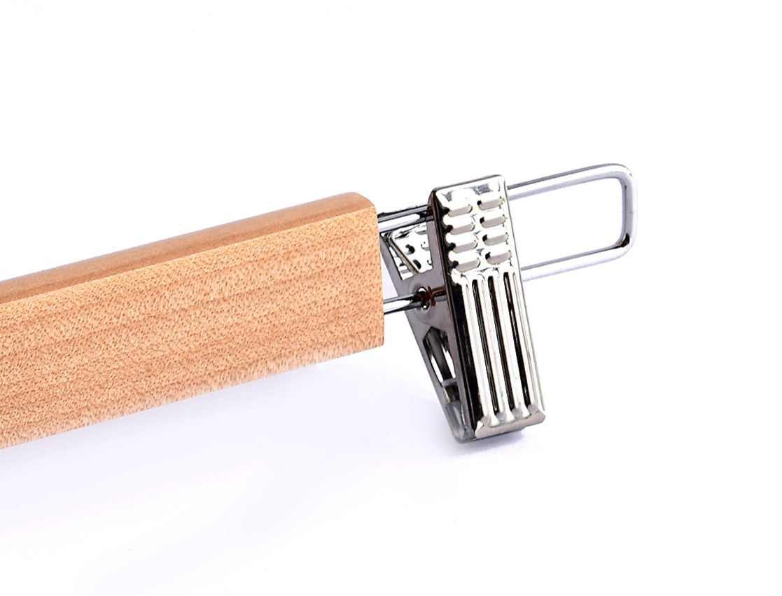 Natural Wooden Bottom Hanger’s maple wood and silver anti-stain, anti-slip, adjustable side cushion clips for adult pants