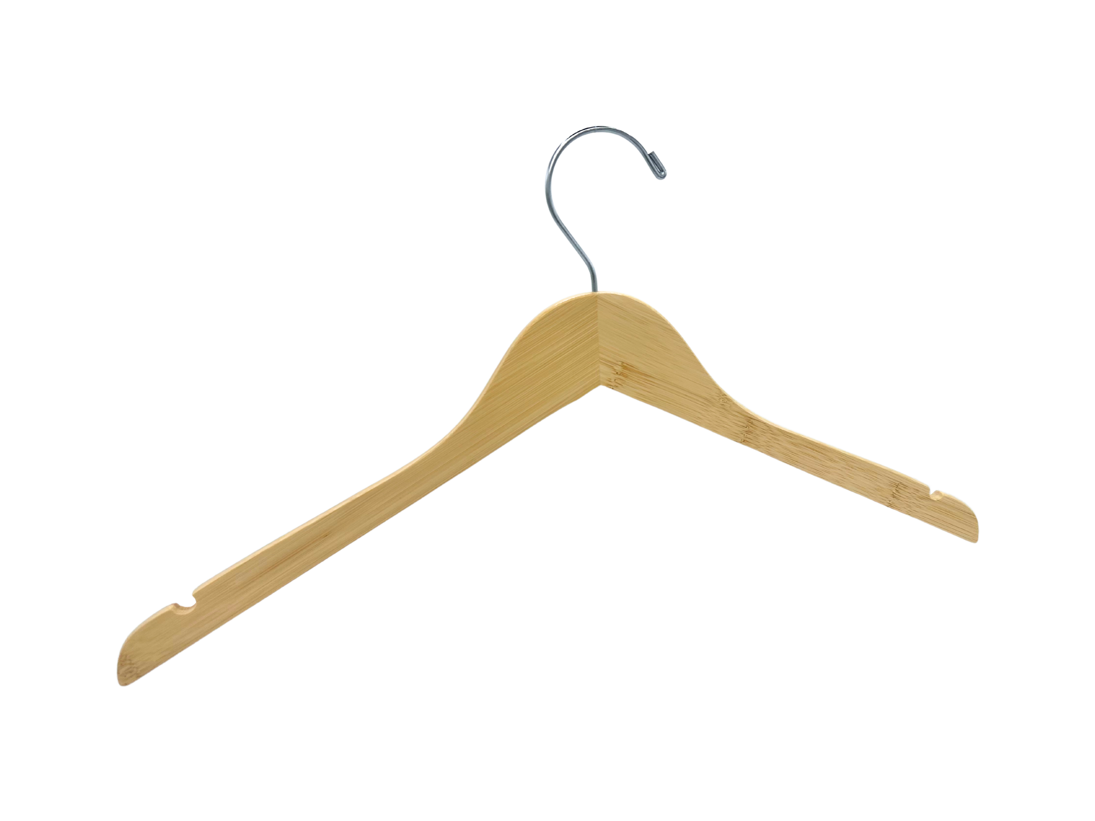 Natural Slim Space Saving Wood Clothes Hanger with a silver hook and shoulder notches for residential closets and retail stores