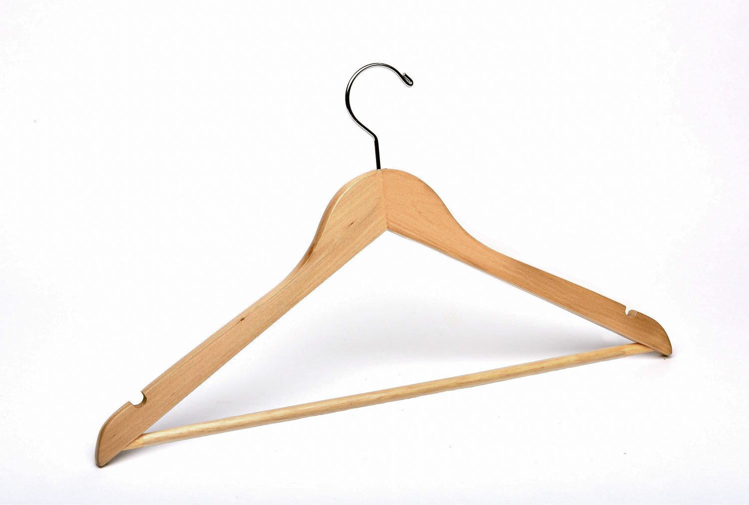 Natural Wood Flat Suit Hanger with a silver hook, shoulder notches, and pant bar for custom bridal hanger designers