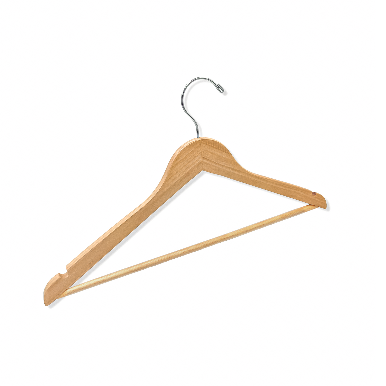 A Natural Maple Wooden Adult Suit Hanger with shoulder notches and a silver hook for residential homes and retail spaces