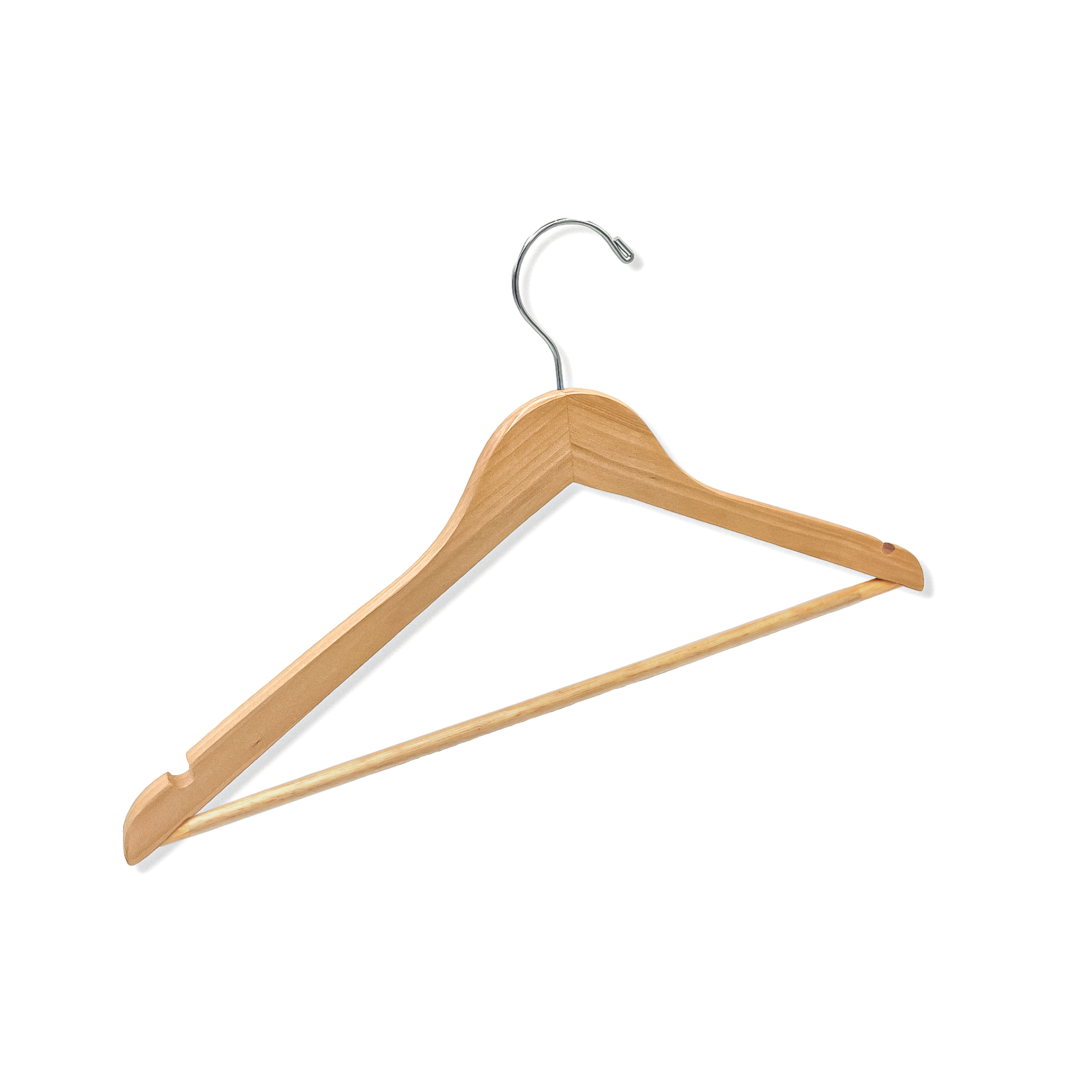 A Natural Maple Wooden Adult Suit Hanger with shoulder notches and a silver hook for residential homes and retail spaces