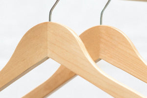 Two high quality Natural Maple Wooden Clothes Hangers with chrome hooks and no shoulder notches for adults