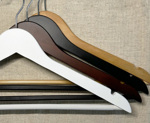 White, Dark Walnut, Matte Black, and Natural Wood Suit Hangers with non-slip pant bars for home closets and retail stores